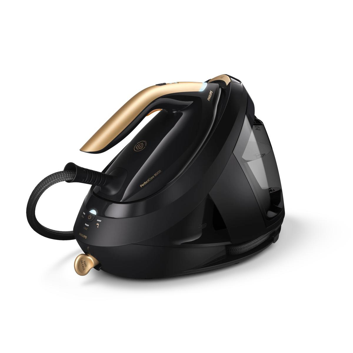 Fer à vapeur Philips PerfectCare 8000 noir avec poignée dorée et réservoir d'eau transparent.
