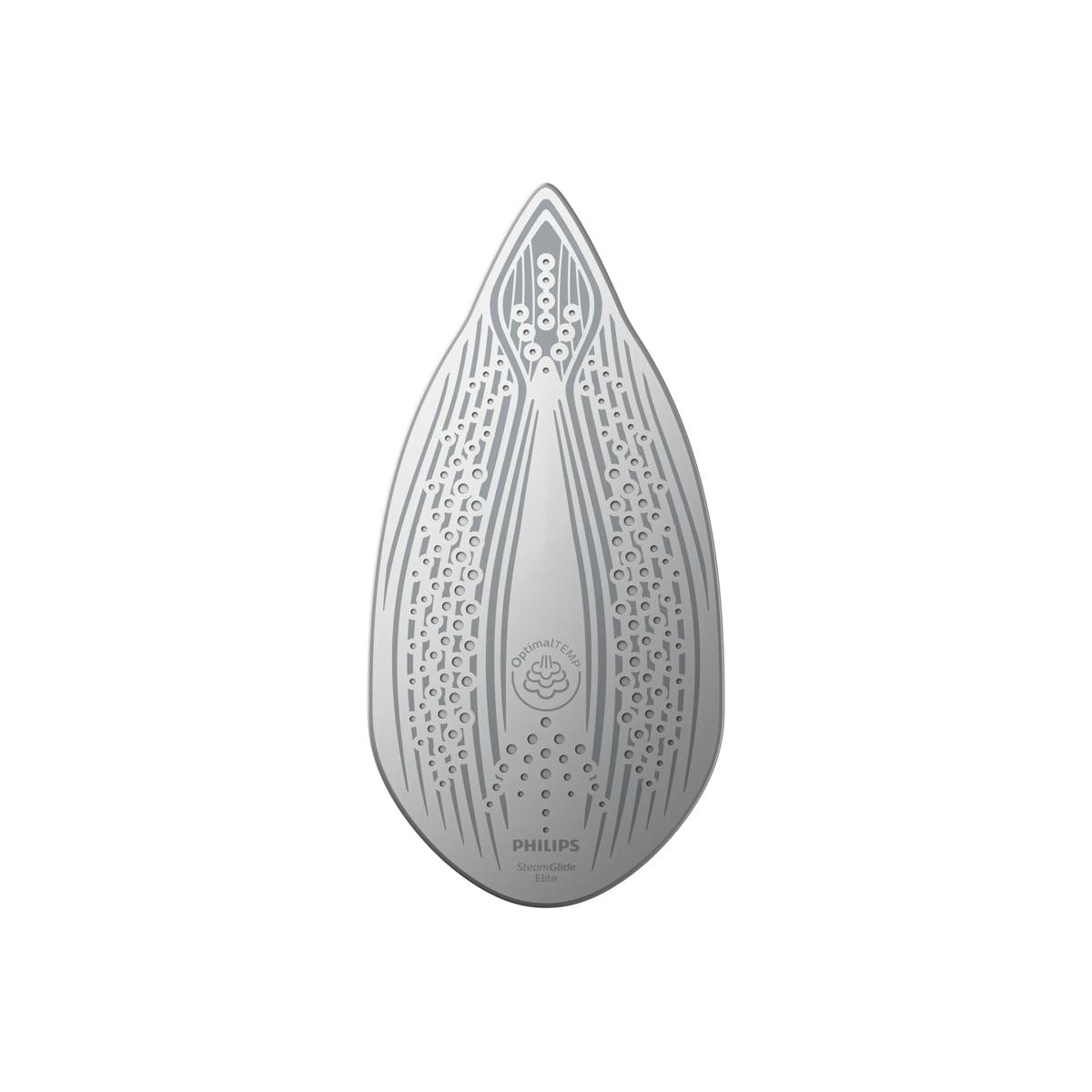 La semelle d'un fer Philips SteamGlide Elite, argentée avec des trous de vapeur.