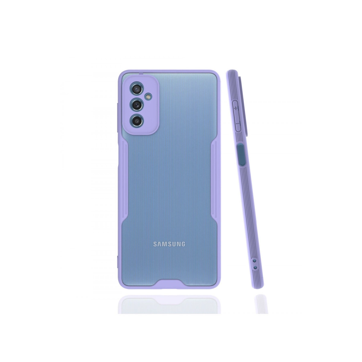Şeffaf arka ve nervürlü dokuya sahip mor telefon kılıfı.