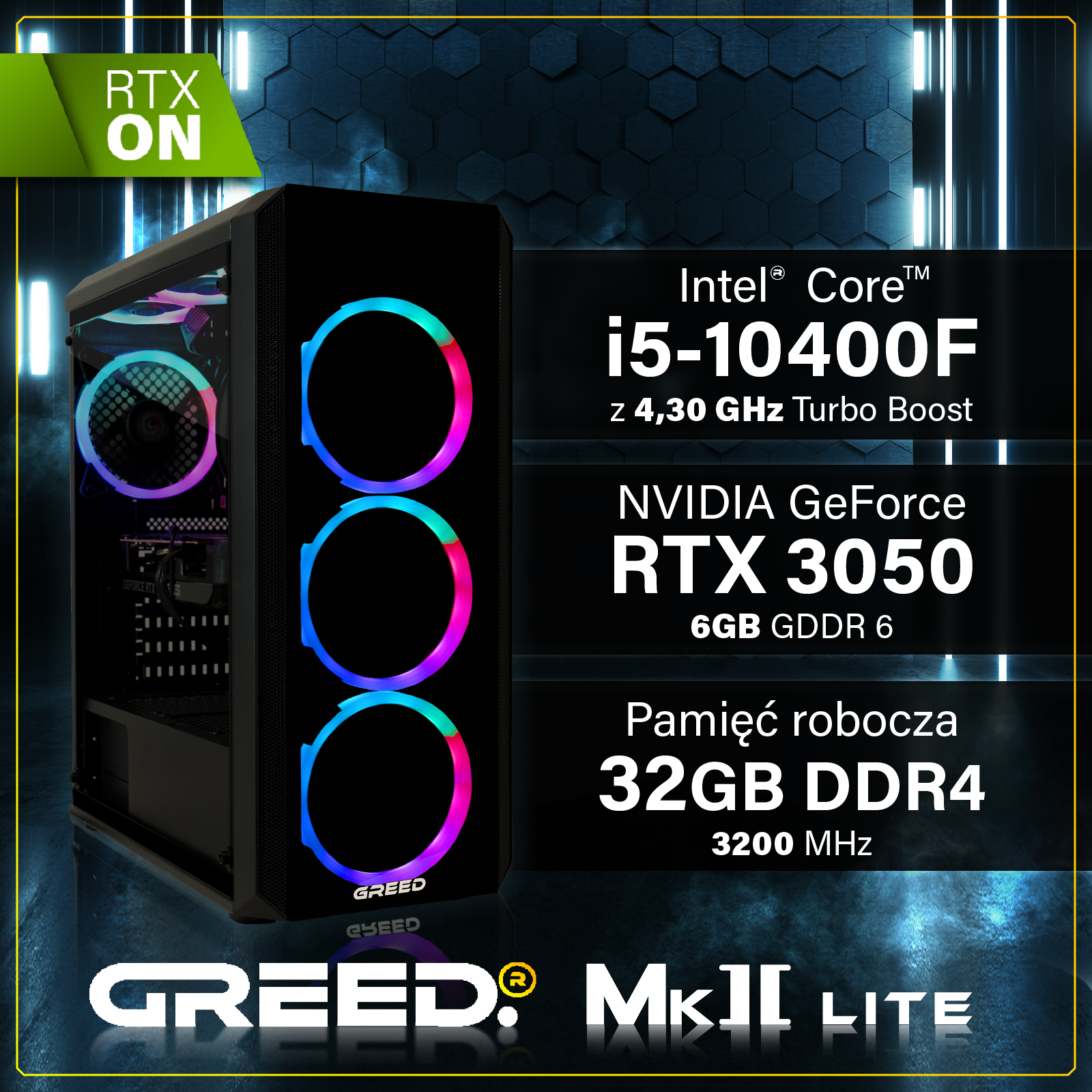 Komputer gamingowy z Intel i5-10400F, RTX 3050 i 32GB RAM.