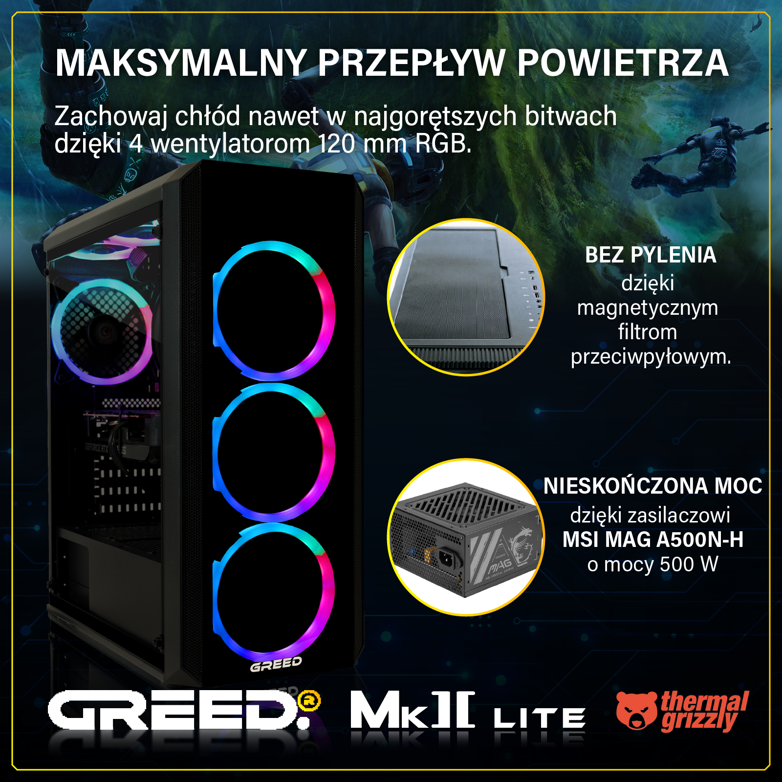 Czarna obudowa komputera z wentylatorami RGB i zasilaczem. Tekst: "Maksymalny przepływ powietrza".