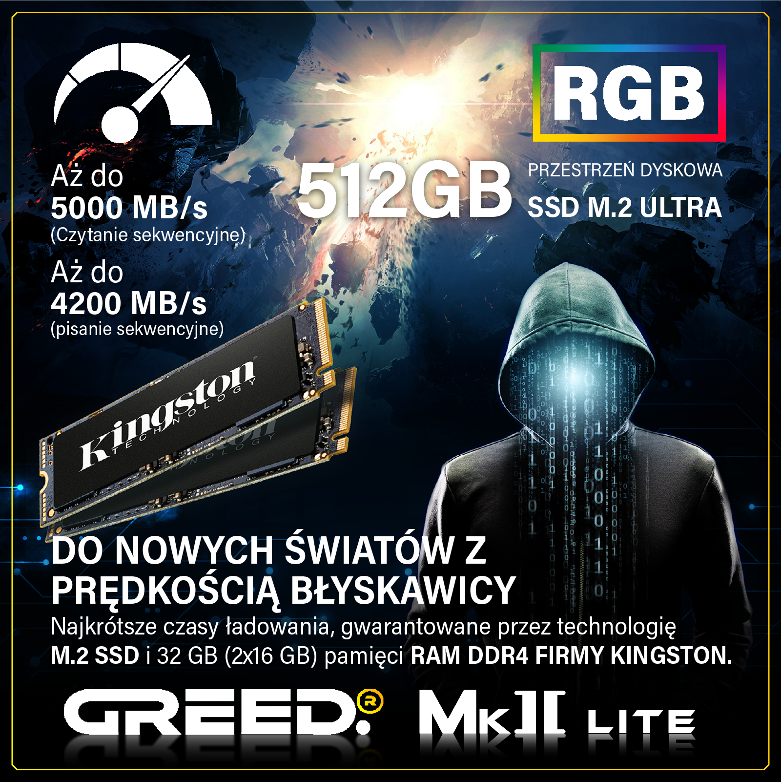Dysk SSD 512GB z RGB, do 5000 MB/s odczyt, 4200 MB/s zapis.