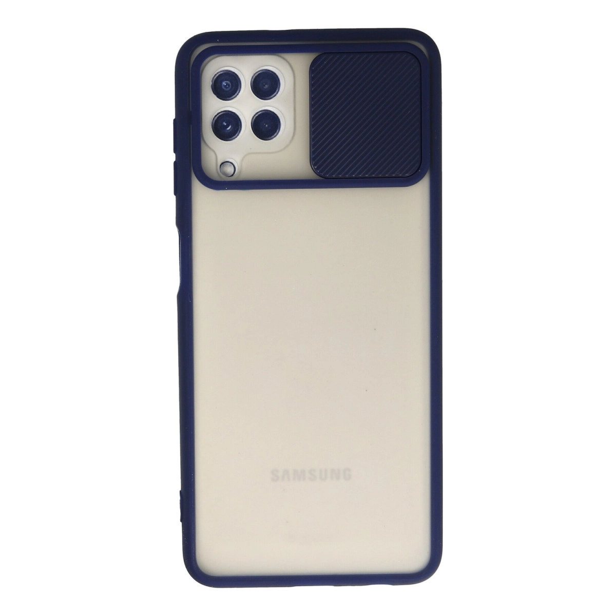 Dört kamera lensli ve kayar kapaklı koyu mavi telefon kılıfı.