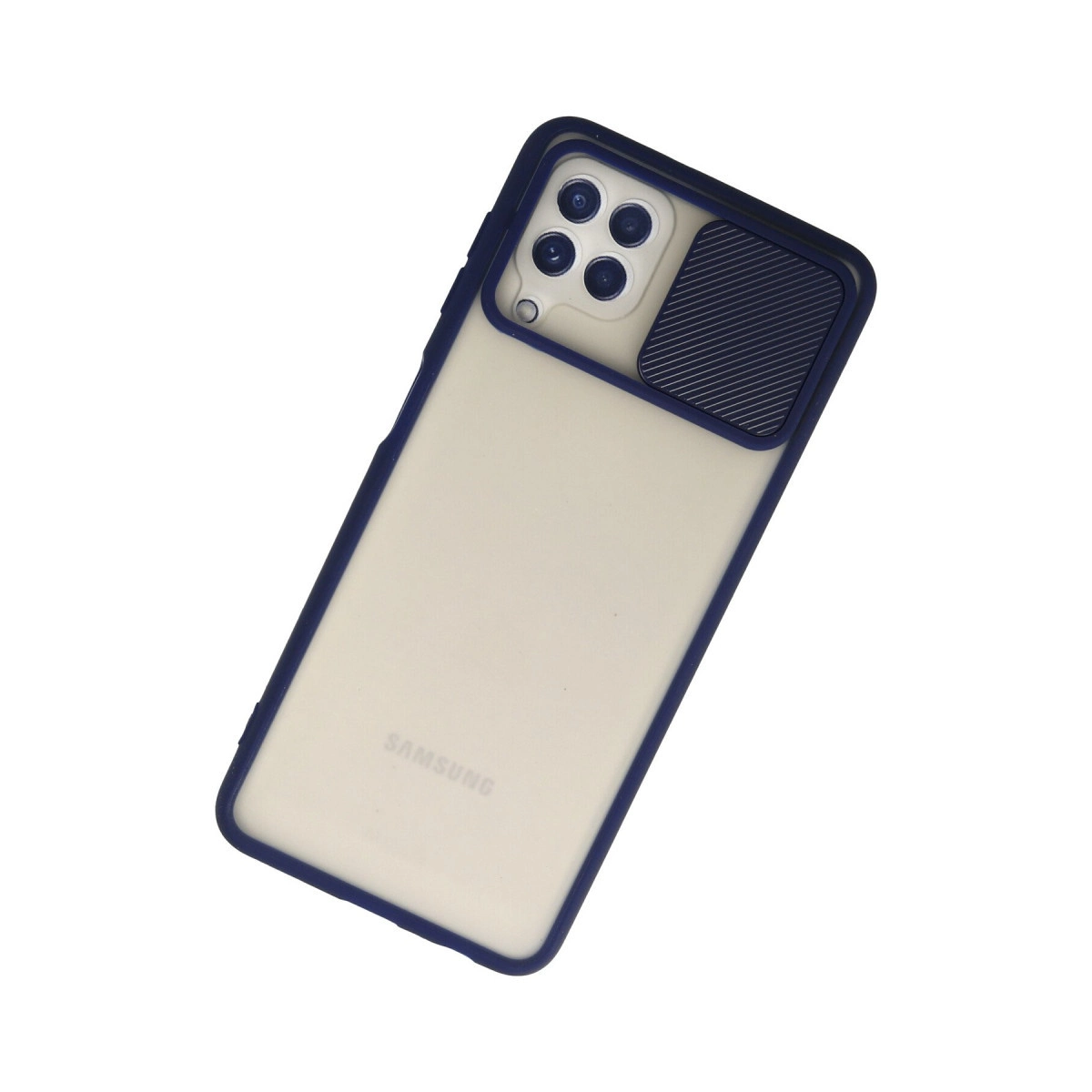 Koyu mavi kenarlı ve kamera kapaklı şeffaf telefon kılıfı.