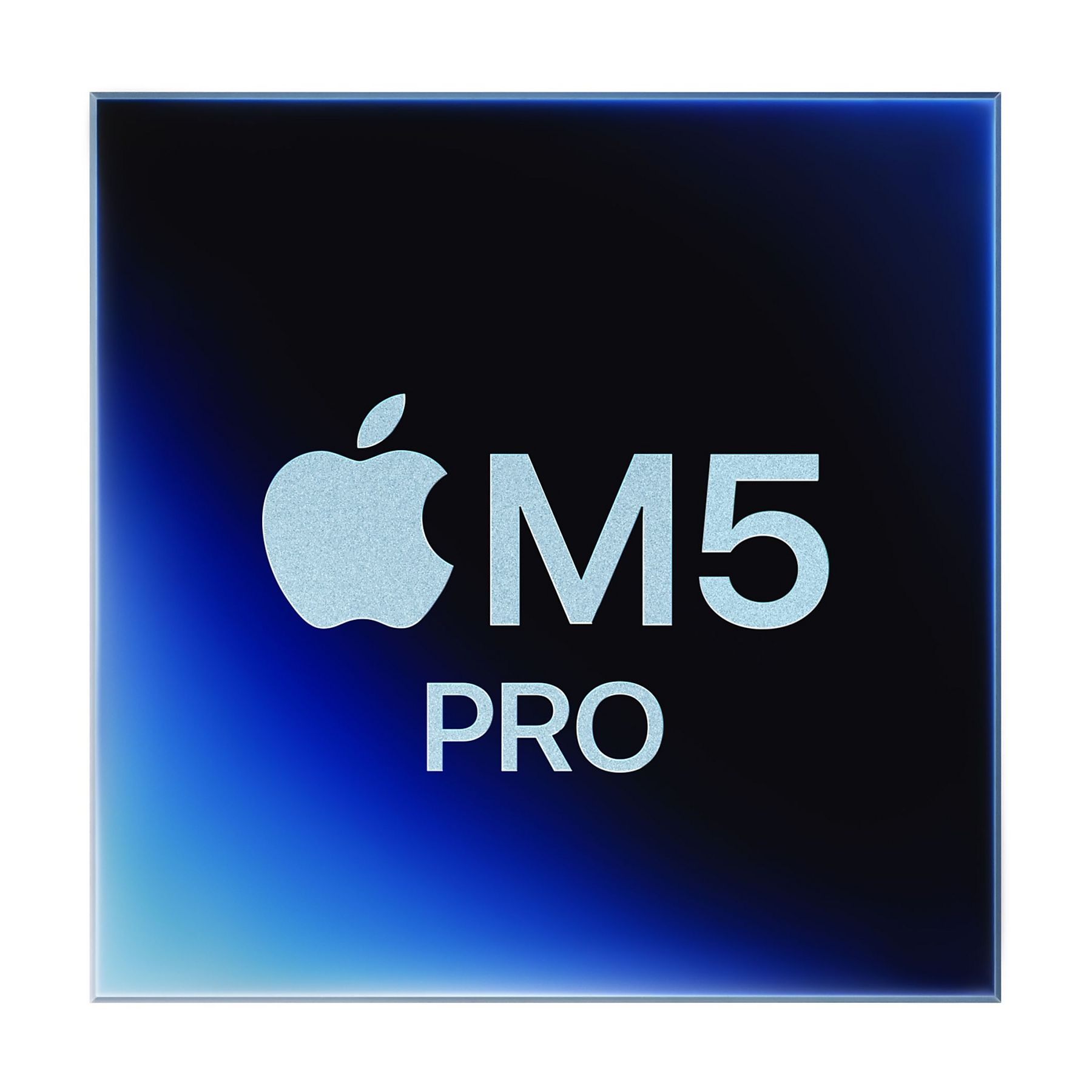Logo Apple obok M5 PRO na niebieskim tle z gradientem.