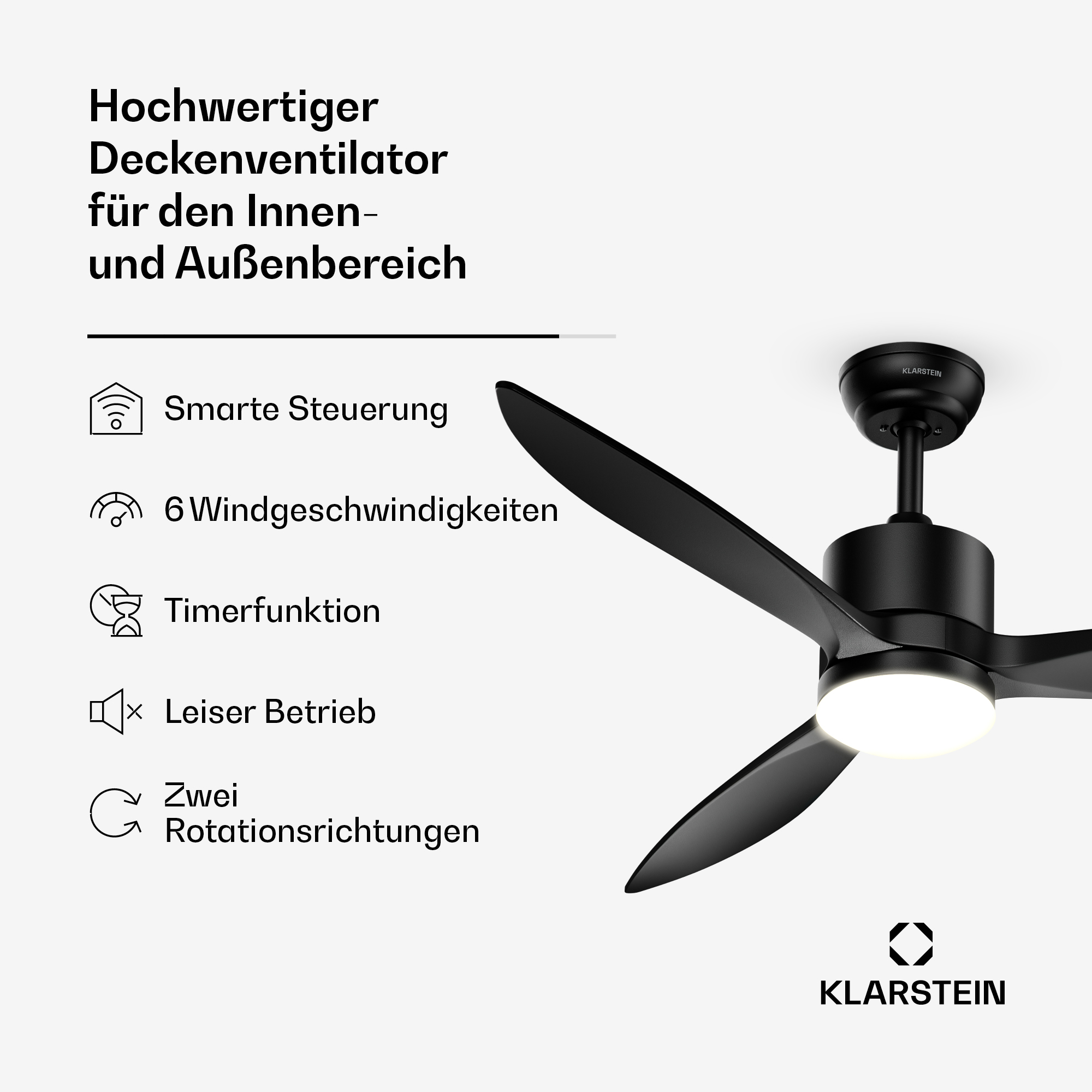Schwarzer Deckenventilator mit Licht und Merkmalen wie smarte Steuerung.