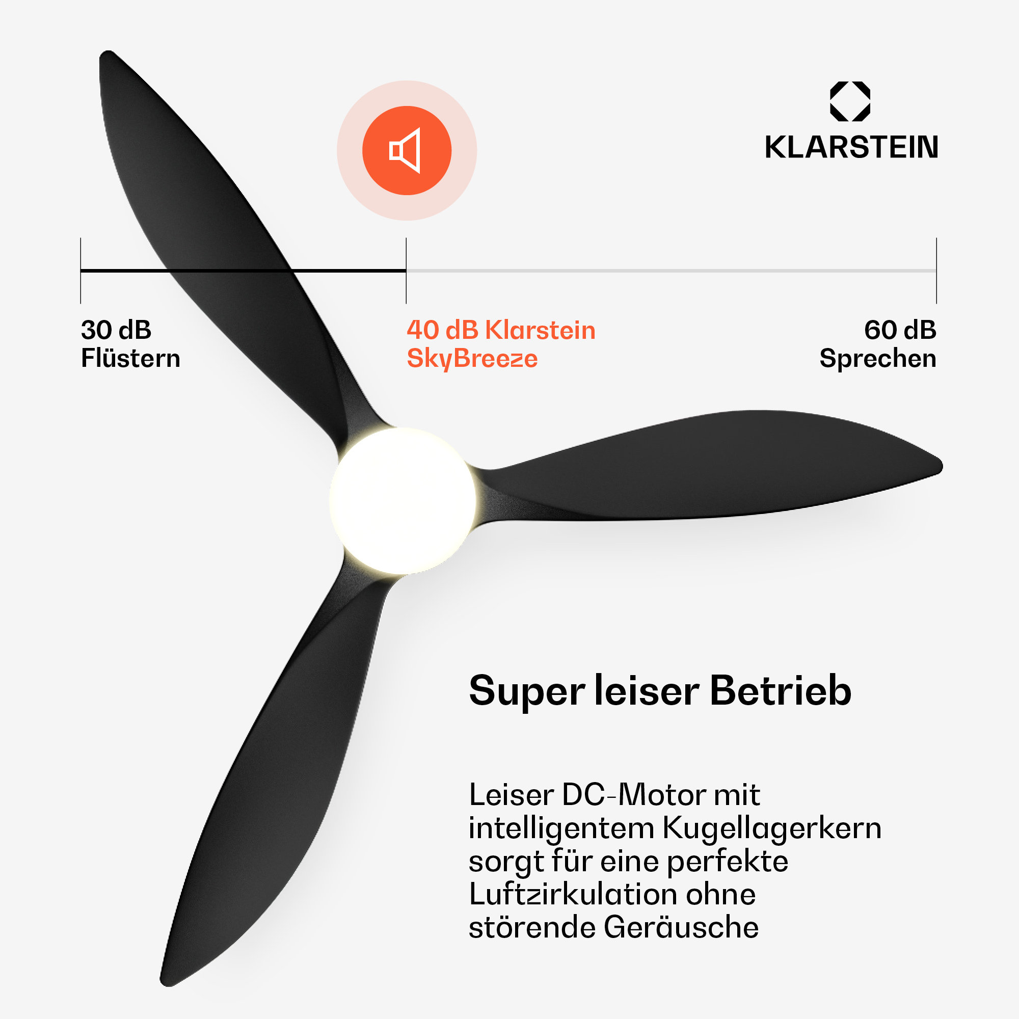 Schwarzer Ventilator mit Licht. Leiser Betrieb mit 30-60 dB.