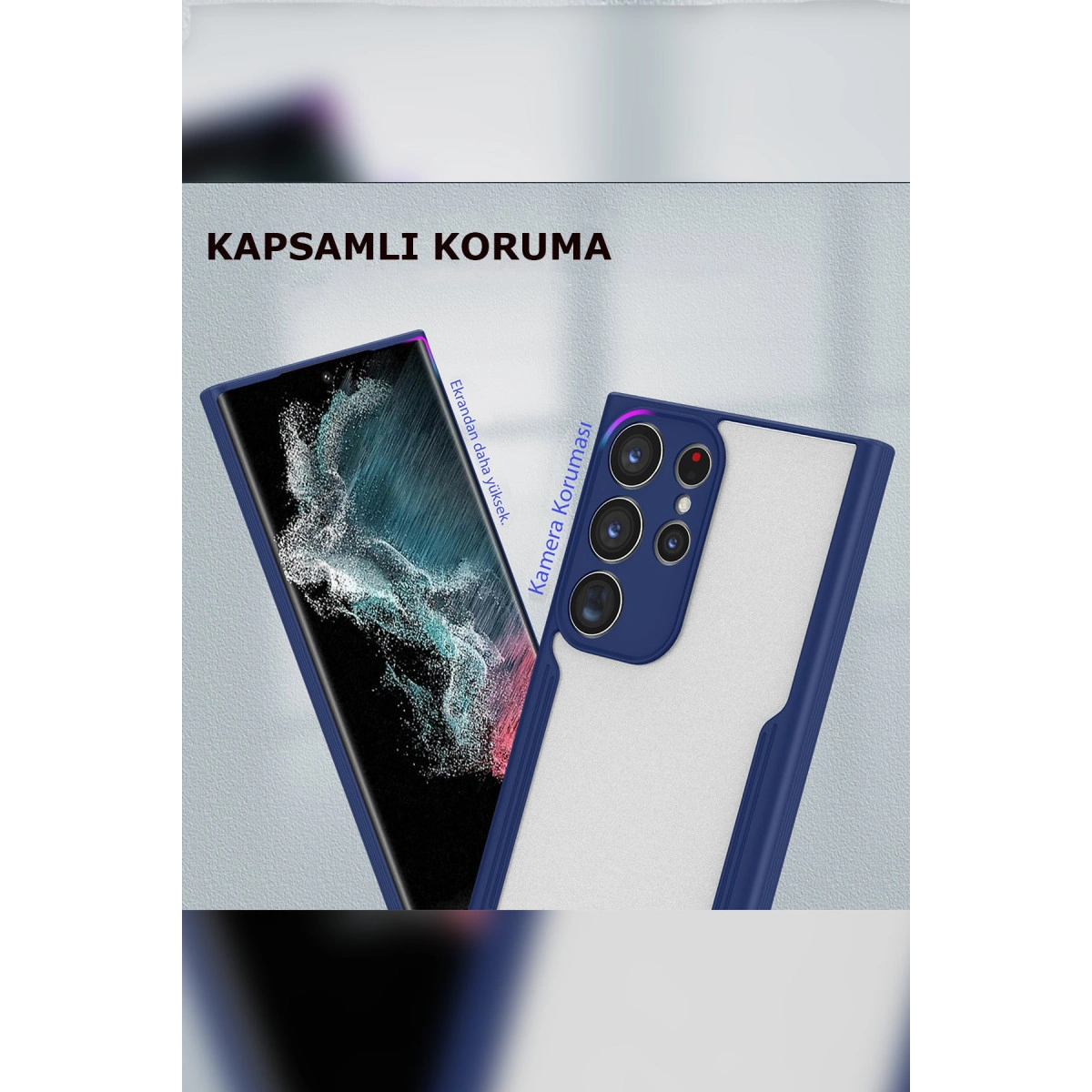 Koyu mavi telefon kılıfı kamera ve ekranı gösteriyor. "Kapsamlı koruma".