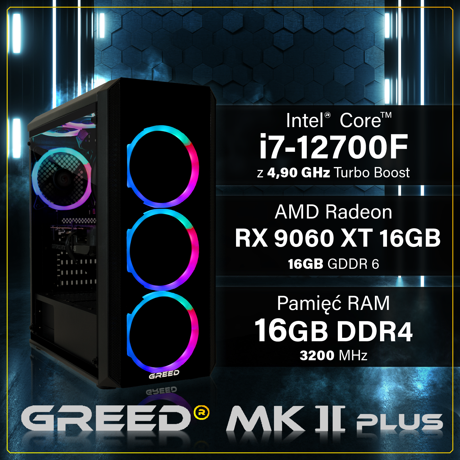 Obudowa PC z wentylatorami RGB, z podzespołami Intel i7, AMD RX 9060 XT, 16GB RAM.