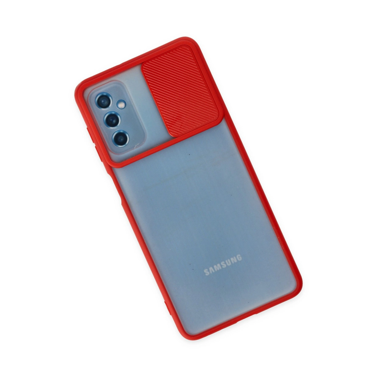 Mavi bir telefon üzerinde kaydırılabilir kamera kapaklı kırmızı telefon kılıfı.