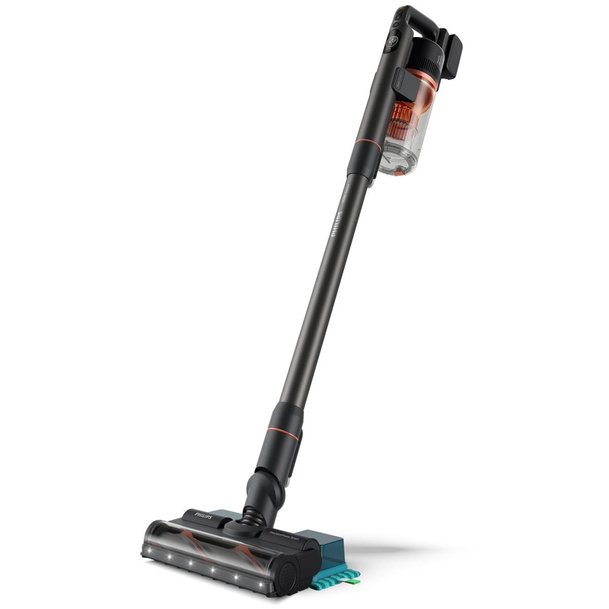 Un aspirateur sans fil sombre avec des accents orange est montré sur fond blanc.