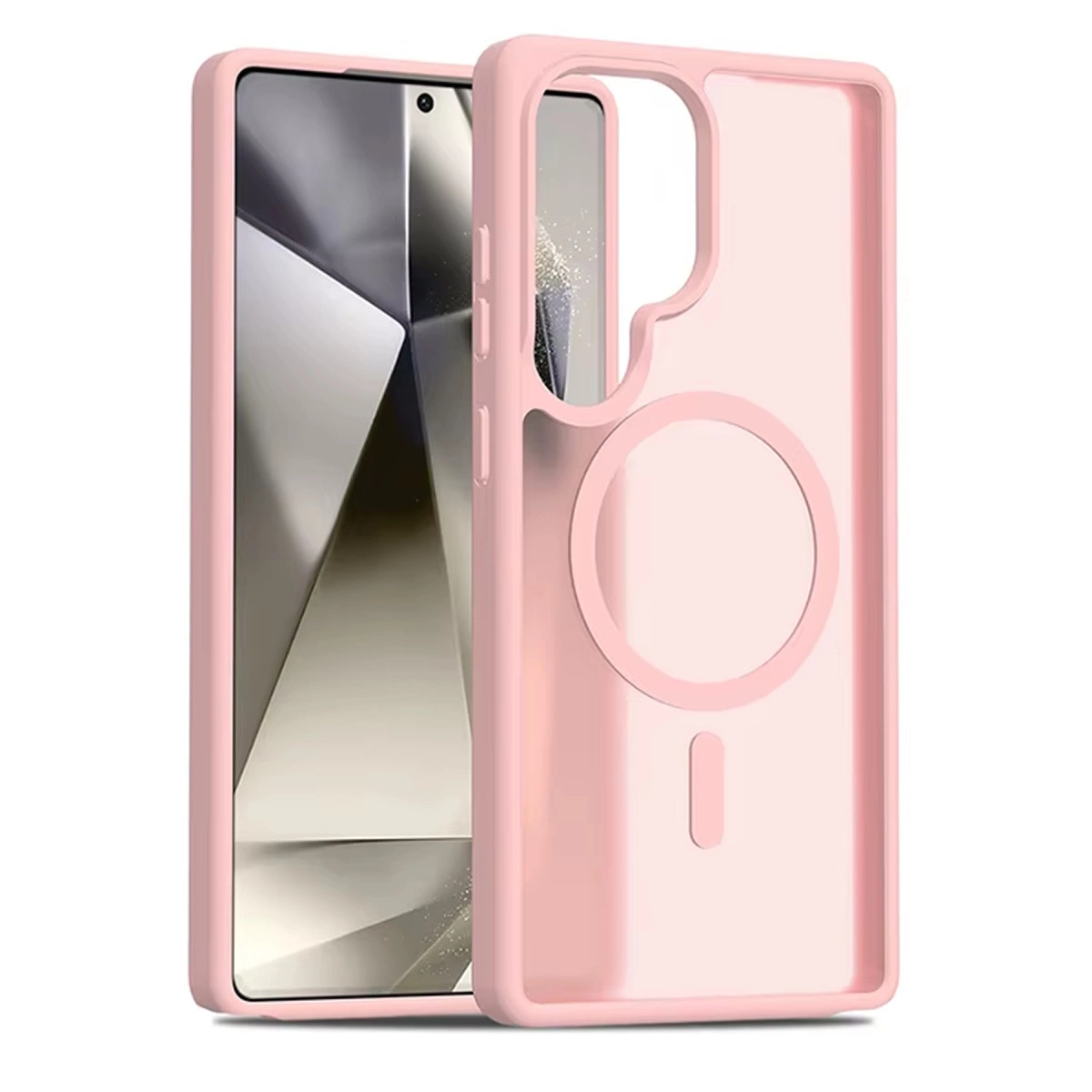 Telefon için şeffaf penceresi olan pembe bir telefon kılıfı.