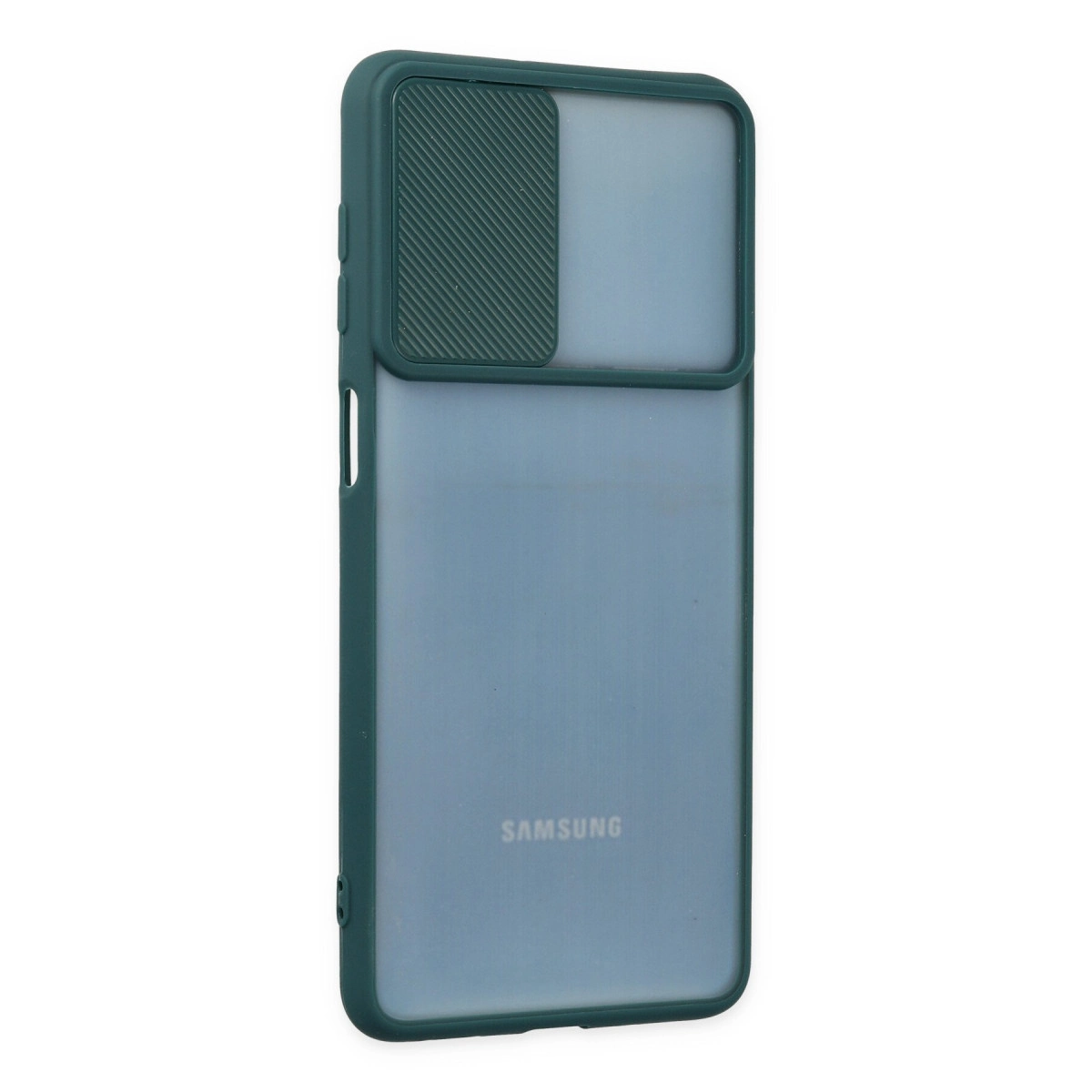 Samsung logolu, kayar kapaklı koyu yeşil telefon kılıfı.