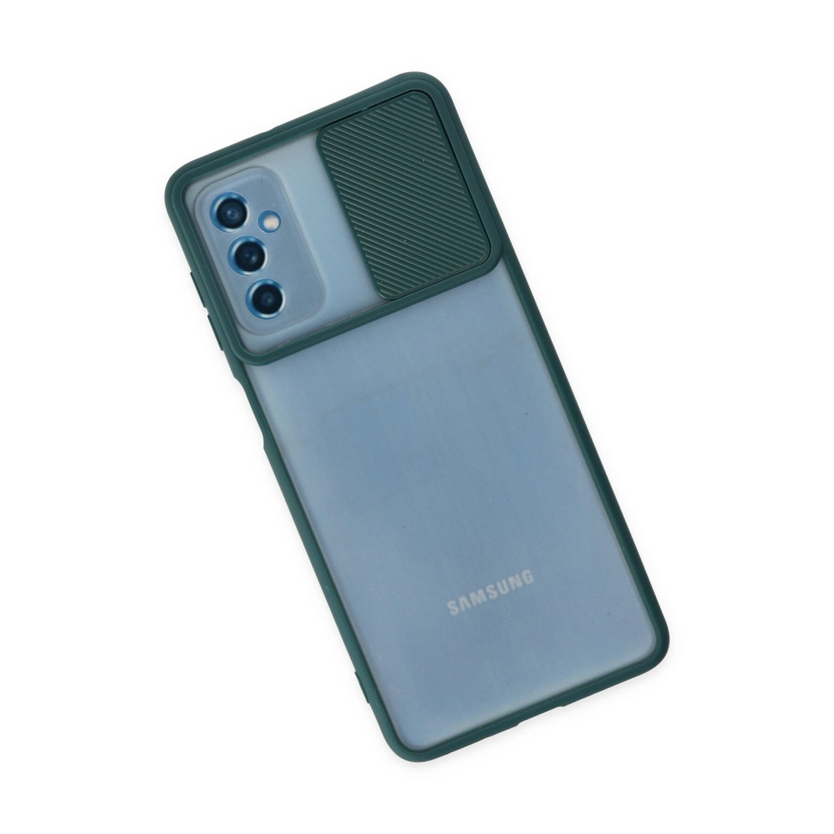 Arkadan kapaklı, nervürlü desenli mavi Samsung telefon kılıfı, beyaz arka plan.