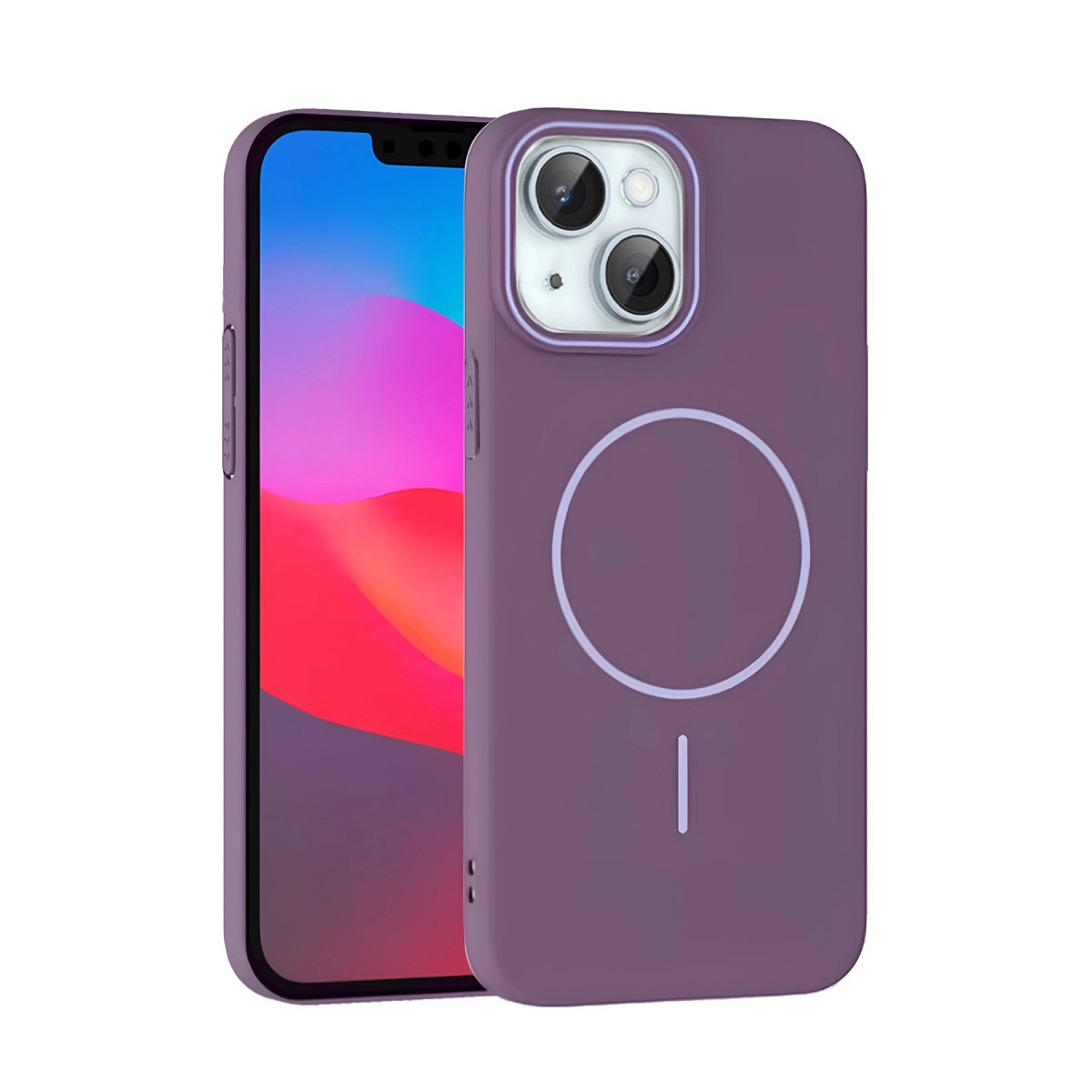 Arkada manyetik halka bulunan mor bir iPhone kılıfı.