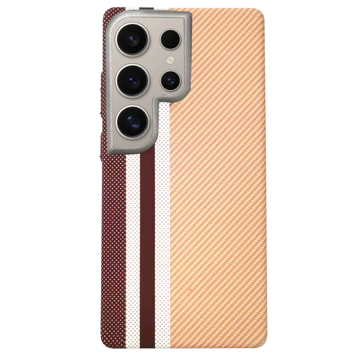 Şeftali kareli desenli, kahverengi, beyaz ve koyu kırmızı çizgili bir telefon.