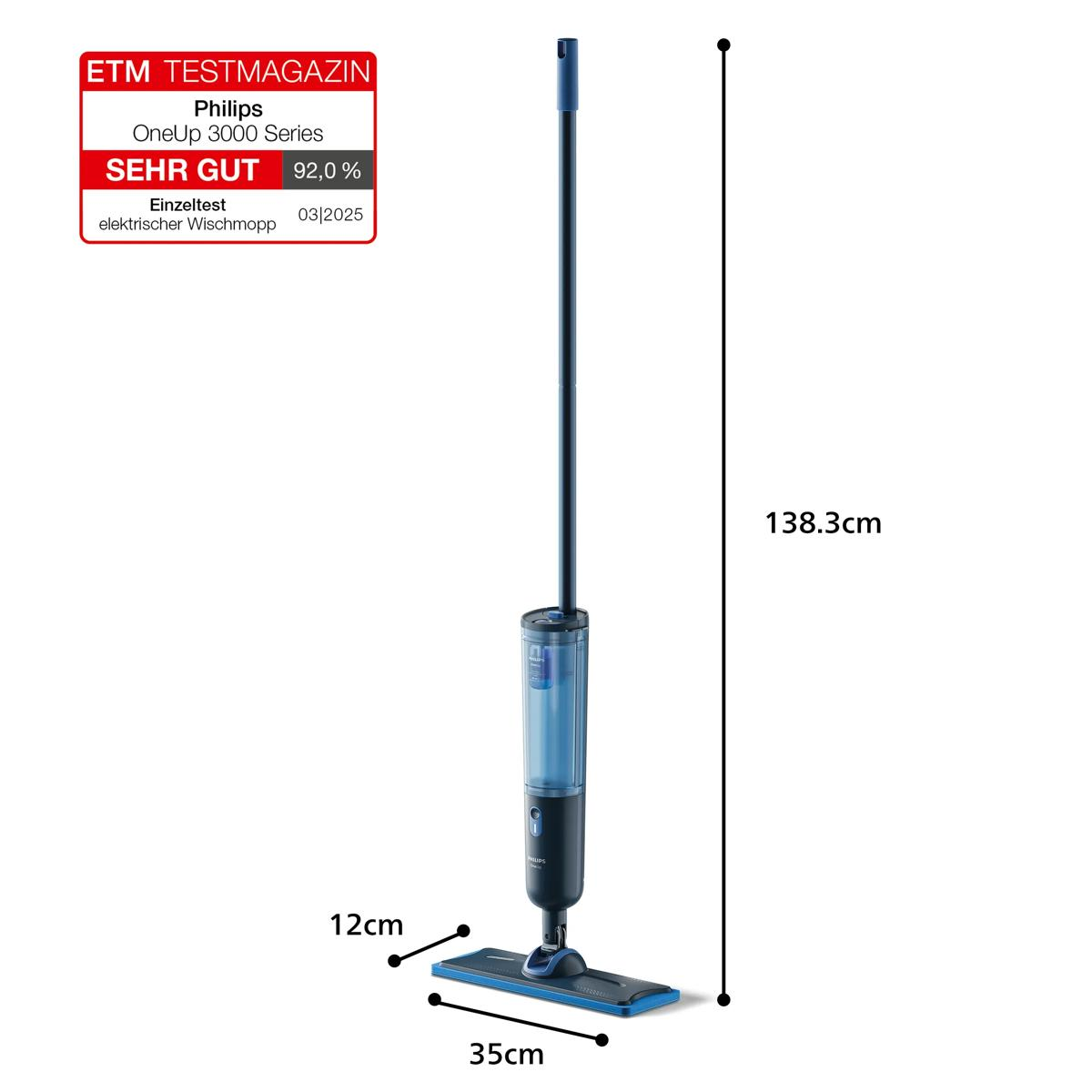 Niebieski mop natryskowy Philips ze zbiornikiem na wodę, wysokość 138,3cm. Wymiary: 35x12cm.