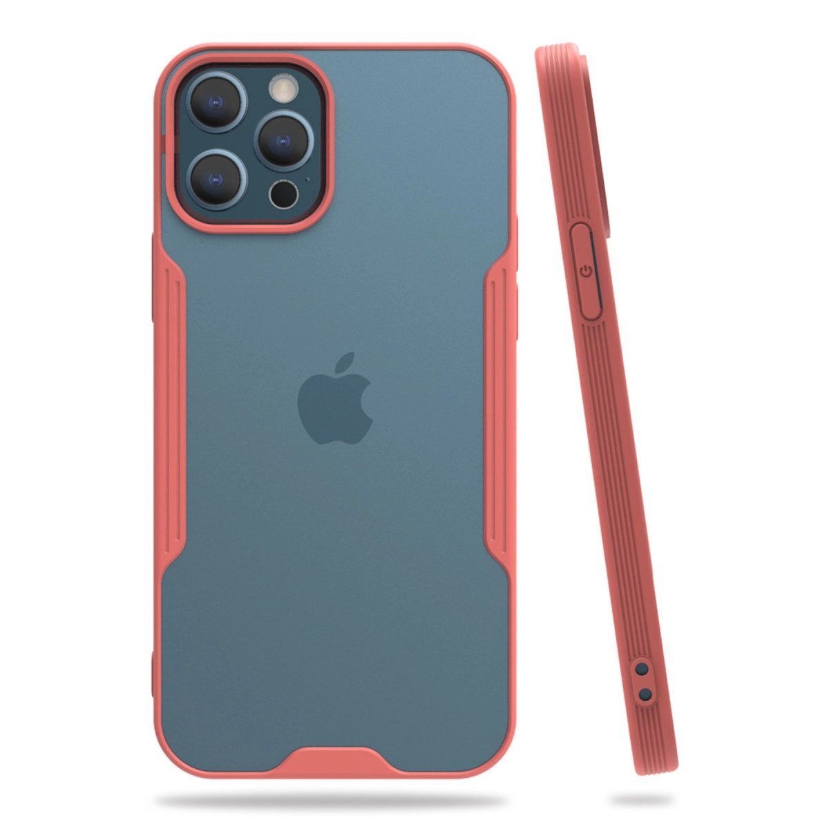 Mercan ve mavi iPhone kılıfı, Apple logosu ve kamera kesiği.