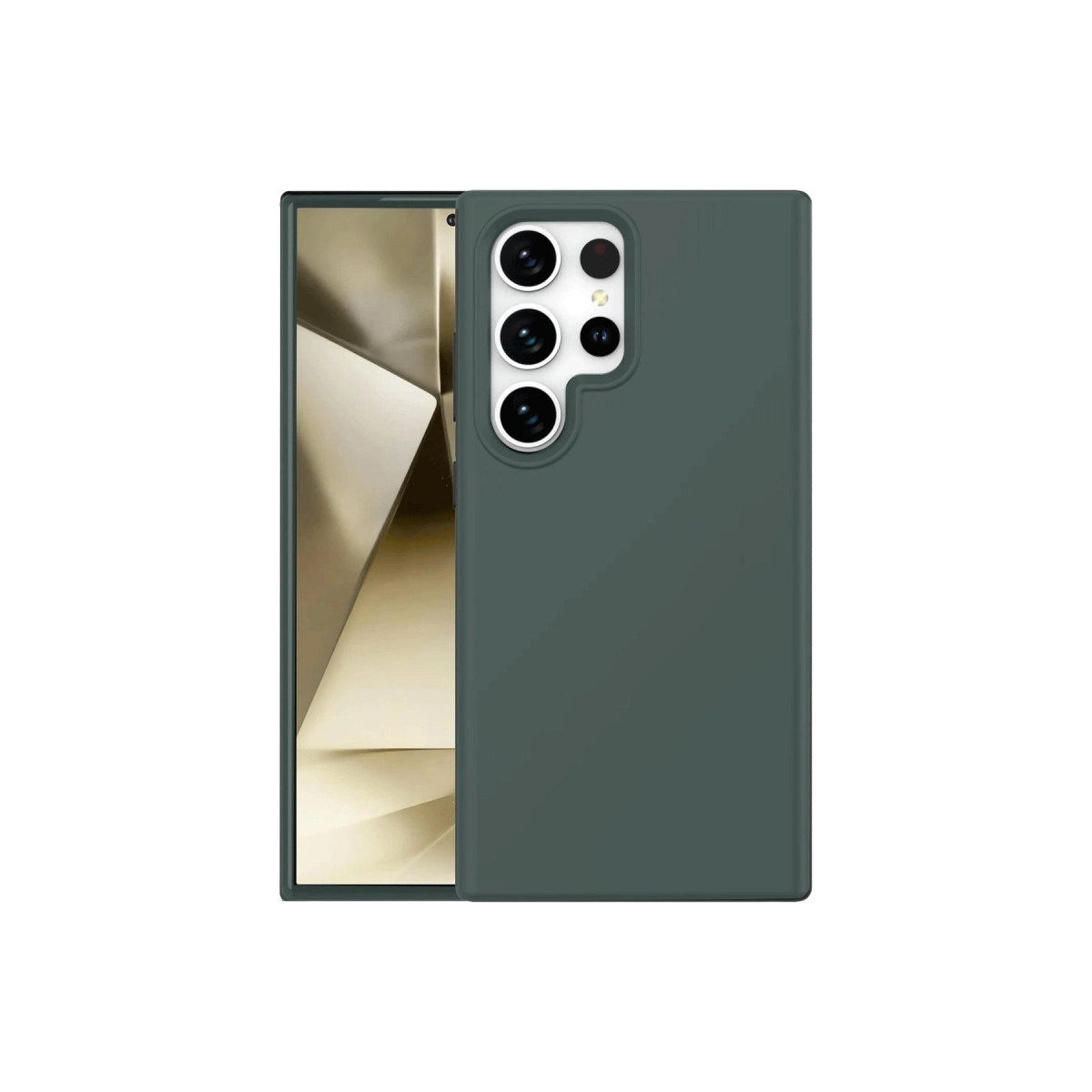 Telefonun yanında, arkada kamera lensleri olan koyu yeşil telefon kılıfı.