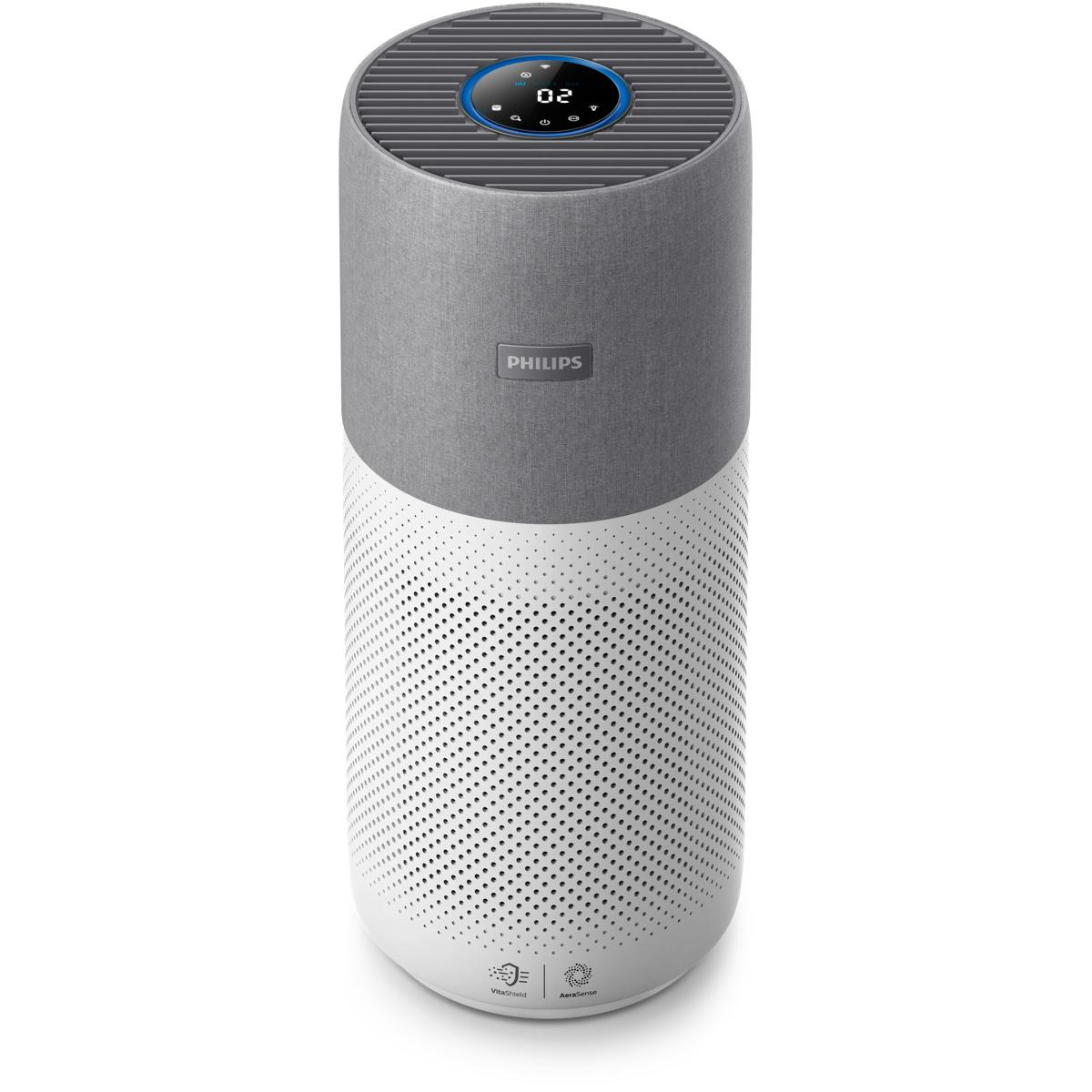 Üstte dijital ekrana sahip beyaz ve gri Philips hava temizleyici.