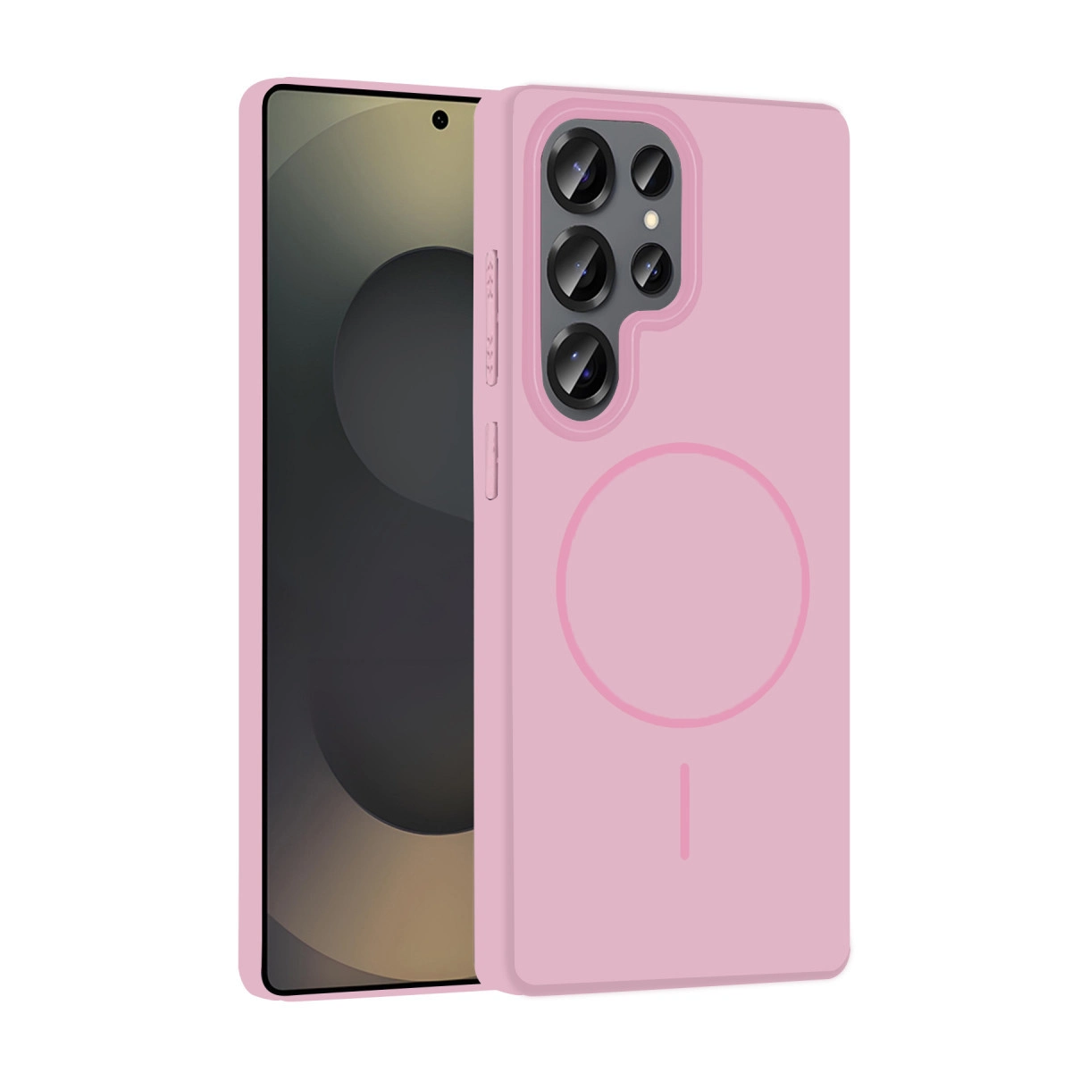 Arkada manyetik halkalı pembe telefon kılıfı ve bir akıllı telefon.