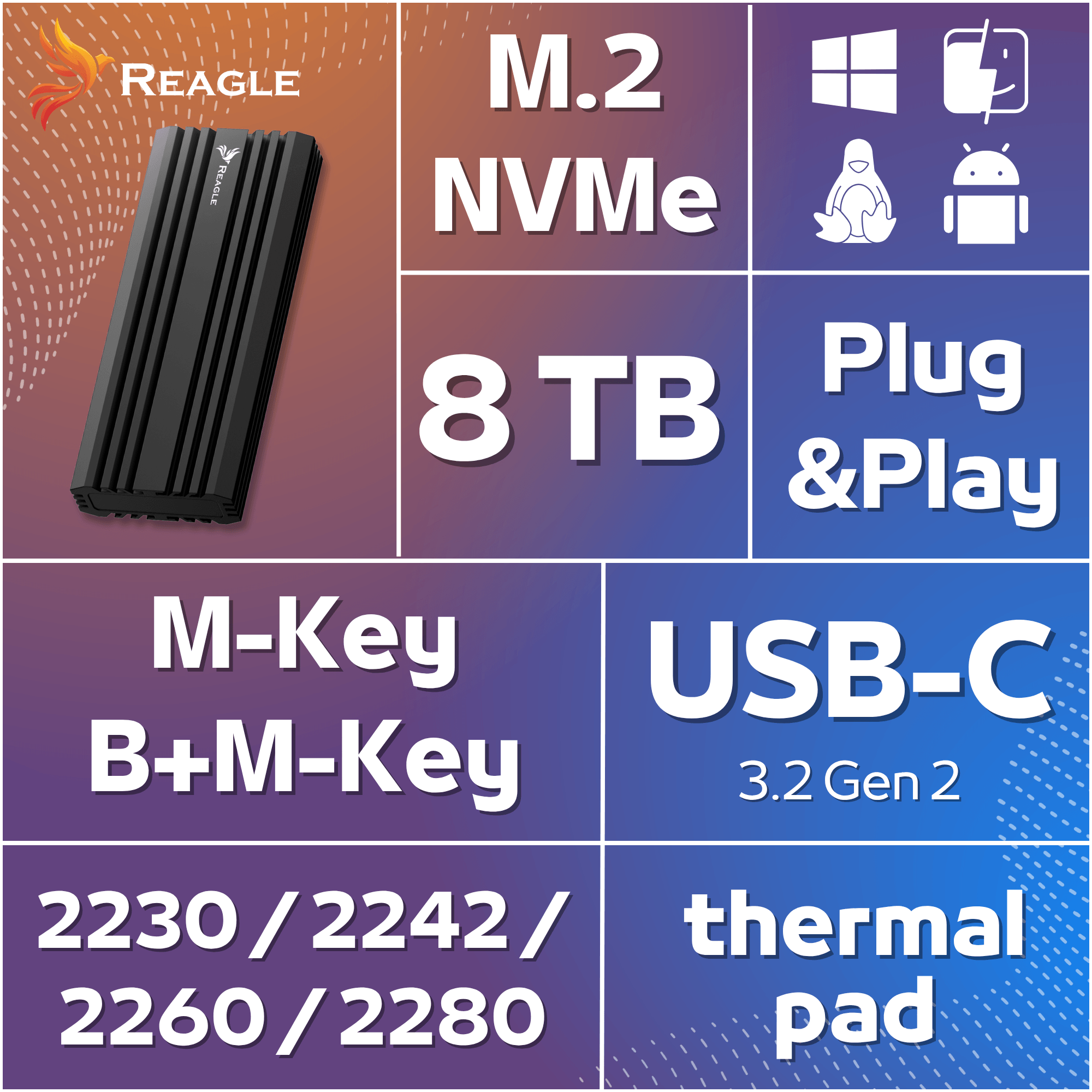 SSD Reagle M.2 NVMe, 8 TB, Plug & Play, USB-C, M-Key, B+M-Key, Misure 2230/2242/2260/2280, Pad termico.