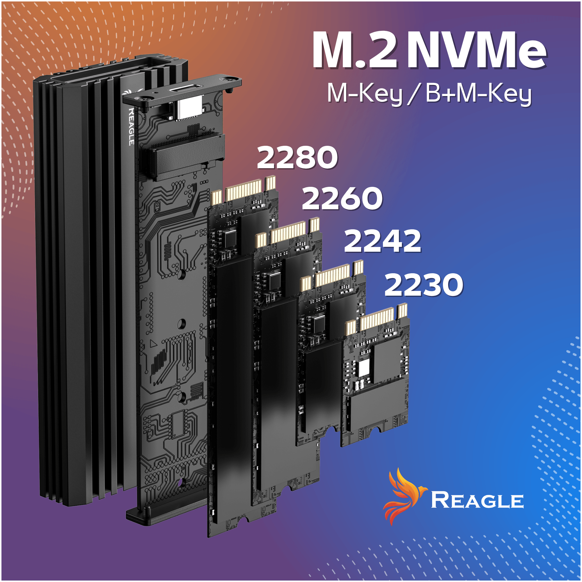 SSD M.2 NVMe neri di varie dimensioni con dissipatore e dettagli circuito stampato.