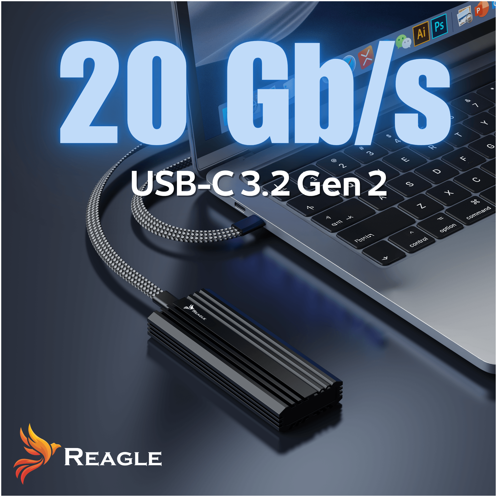 Un'unità esterna nera collegata a un laptop. Testo: 20 Gb/s USB-C 3.2 Gen 2