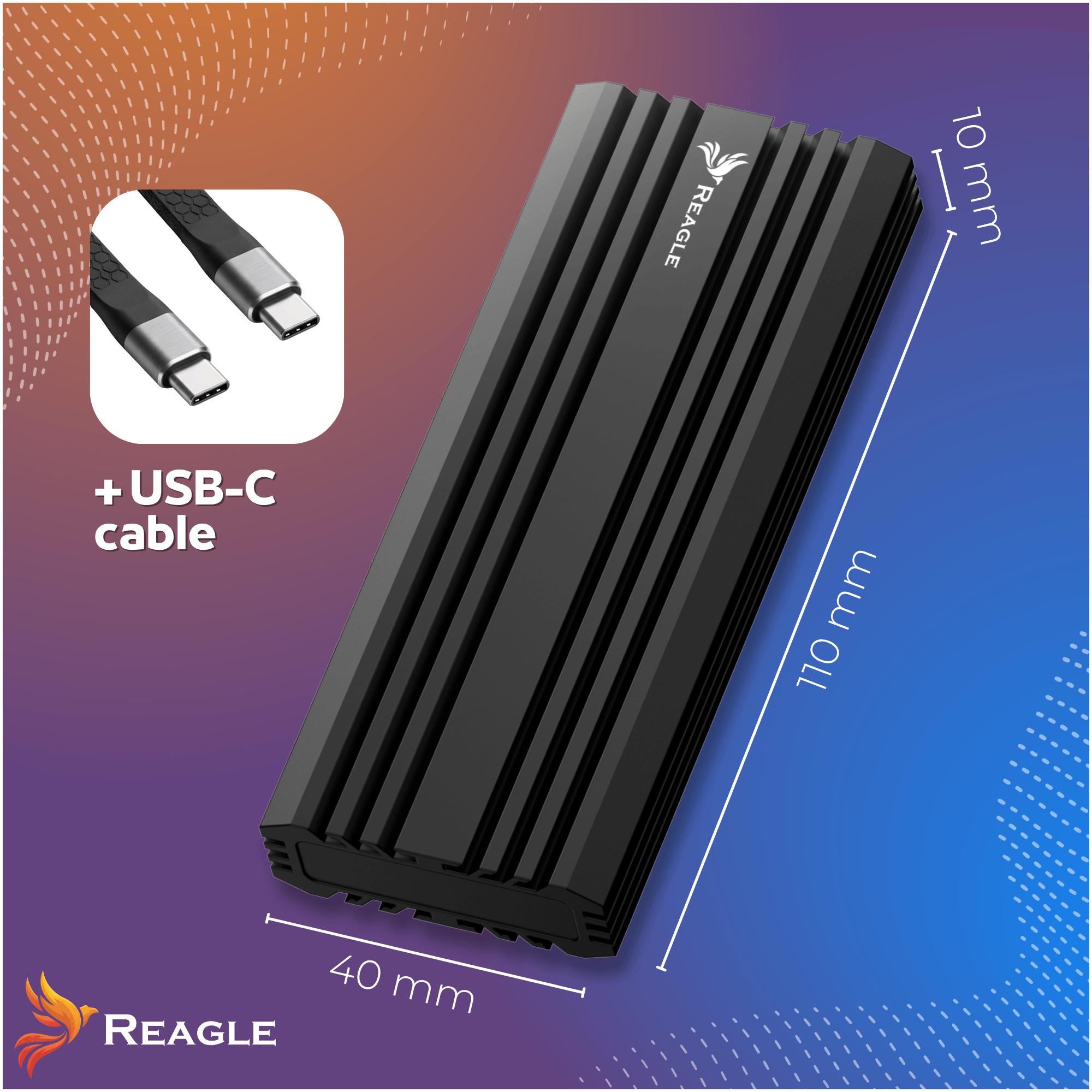 Chiusura Reagle nera con alette e cavo USB-C. Dimensioni: 110x40x10mm.