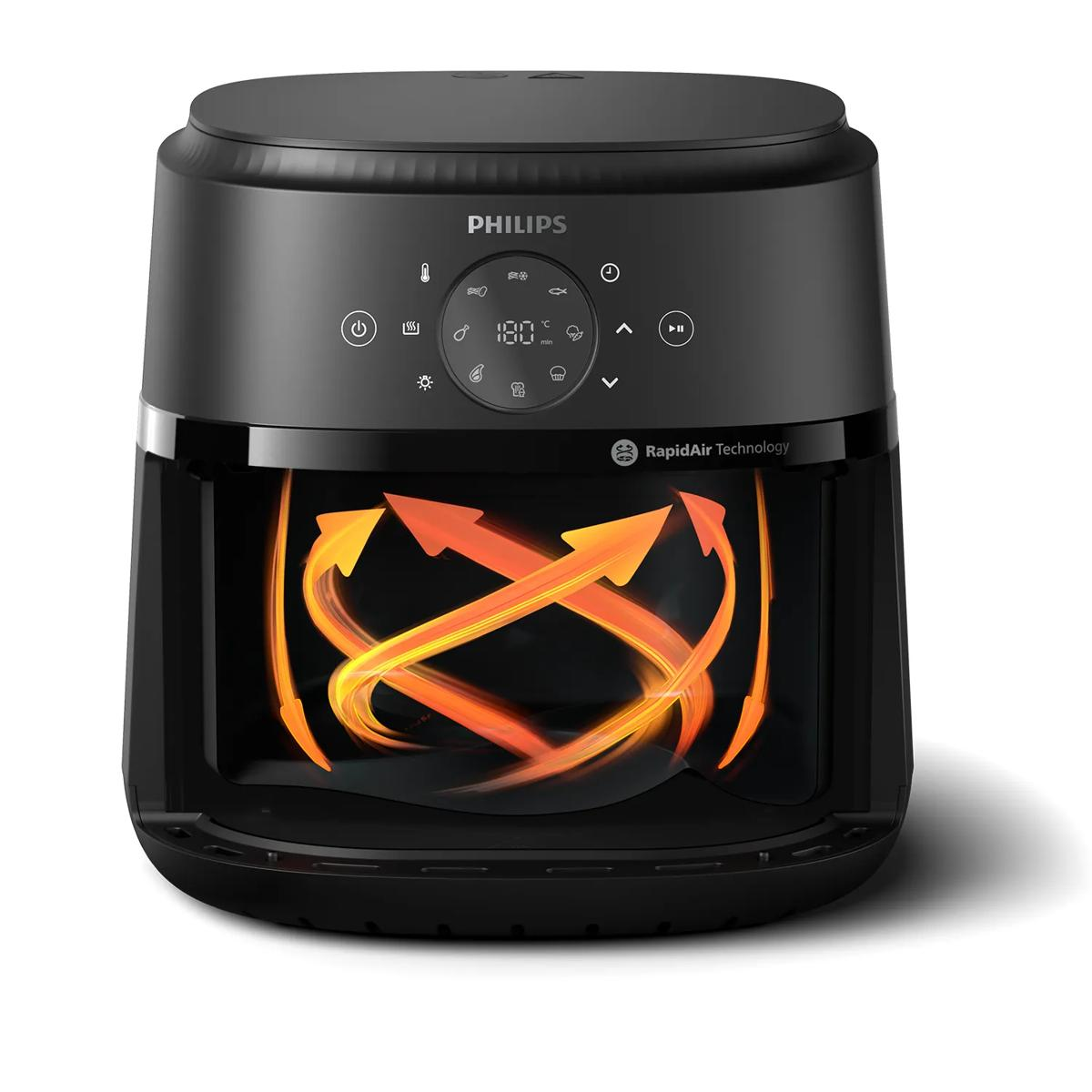 Friteuse à air Philips noire avec écran numérique et flèches orange montrant la circulation de l'air.