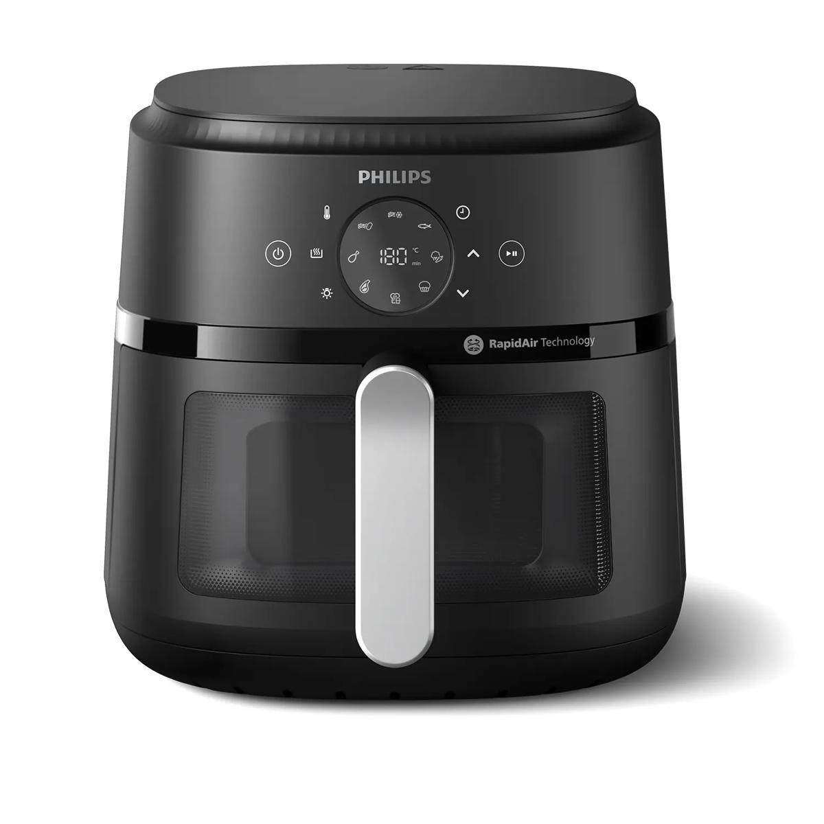 Friteuse à air Philips noire avec poignée argentée et écran numérique.