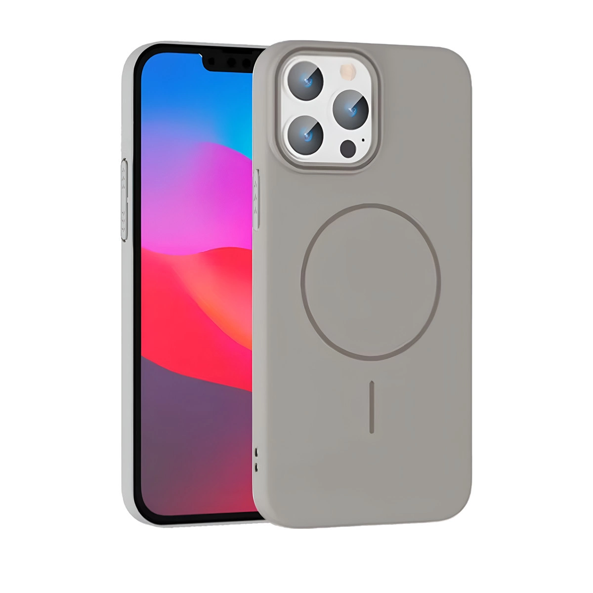 Akıllı telefonda kamera modülü ve manyetik halkası olan gri telefon kılıfı.