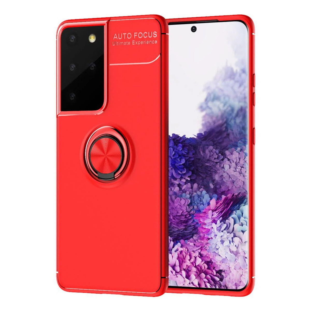 Kamera çıkıntılı ve halka tutuculu kırmızı telefon kılıfı, telefon ekranı yanında.