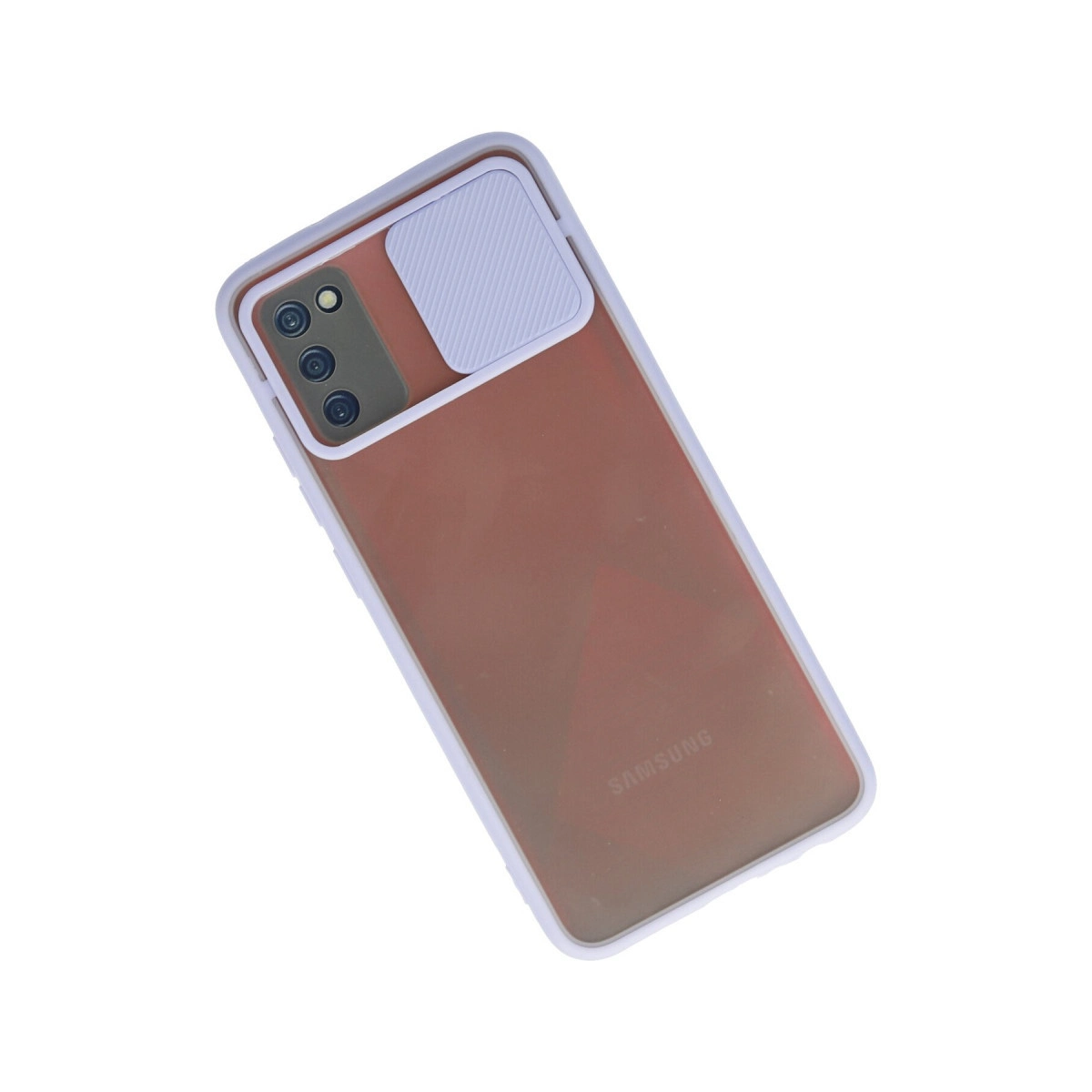 Beyaz kenarlı ve kaydırılabilir kamera kapaklı şeffaf telefon kılıfı.