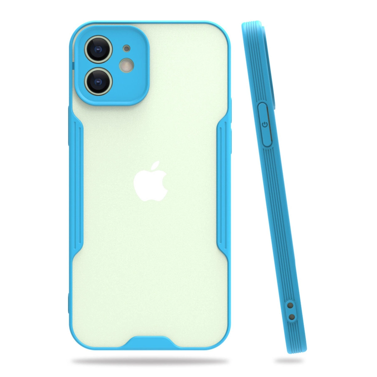 Şeffaf arkalı ve beyaz Apple logosuna sahip mavi iPhone kılıfı.