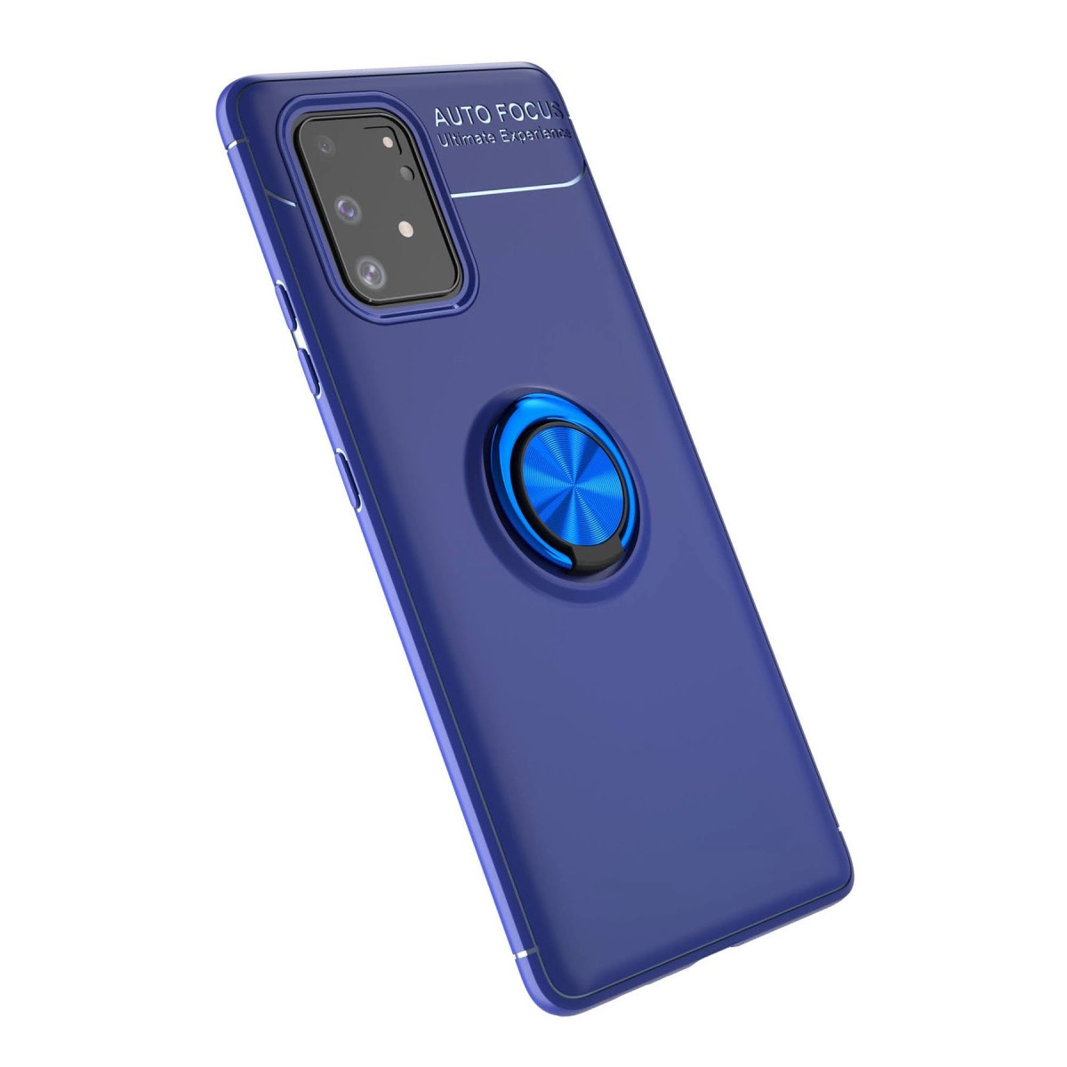 Kamera modüllü ve mavi halka tutuculu koyu mavi telefon kılıfı.