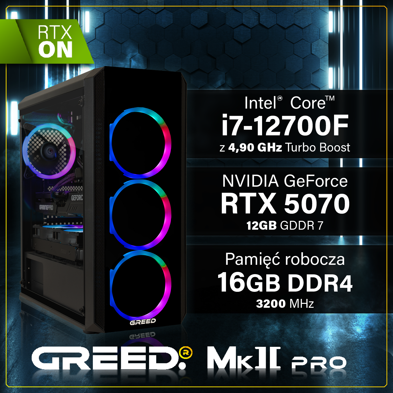 Obudowa PC z wentylatorami RGB, Intel i7-12700F, RTX 5070, 16GB DDR4.