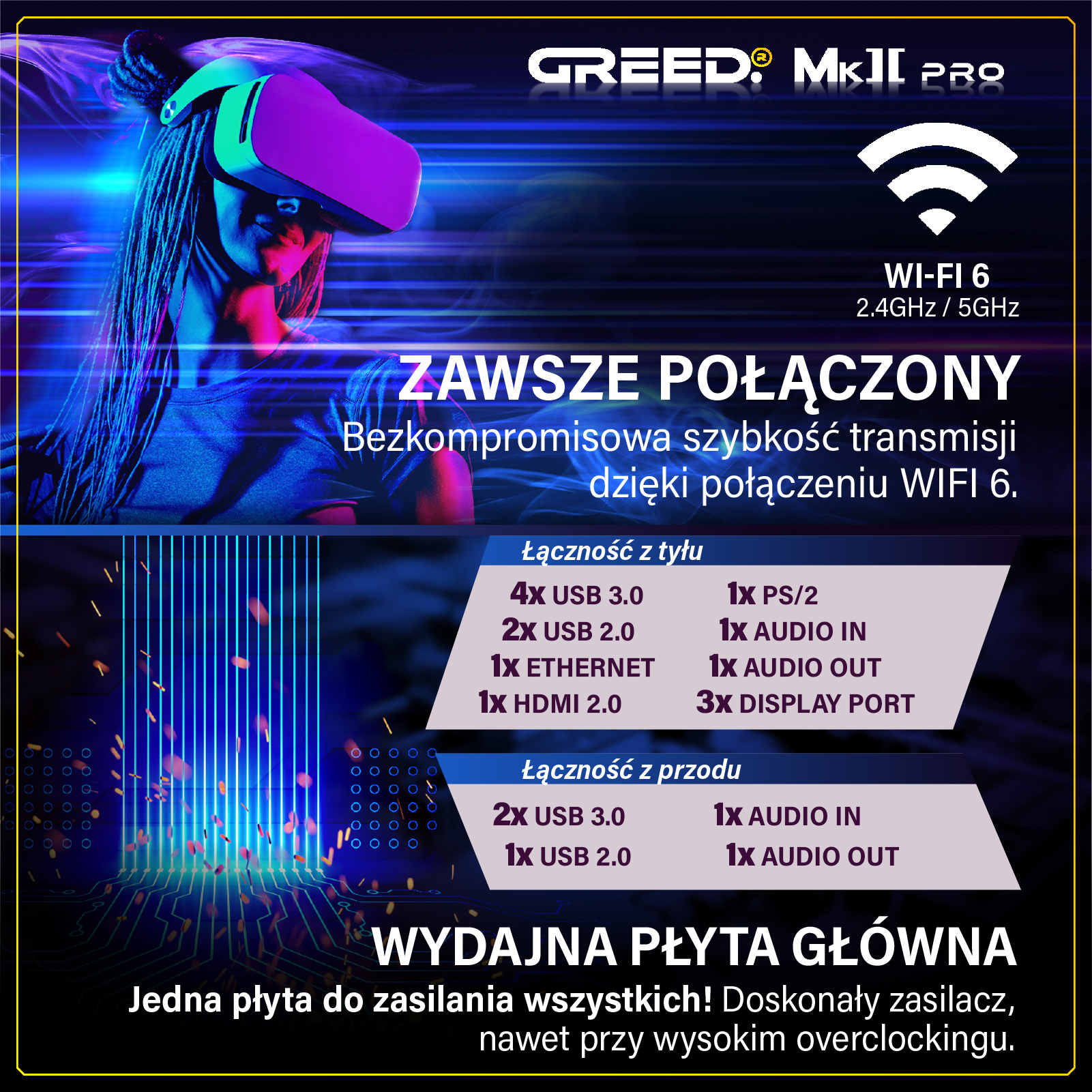 Kobieta nosi gogle VR z neonowym oświetleniem i technicznym tłem.