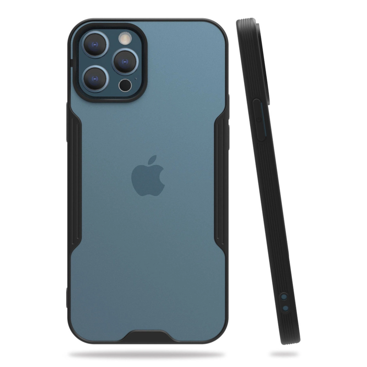 Siyah çerçeveli mavi iPhone kılıfı, yan yatırılmış.