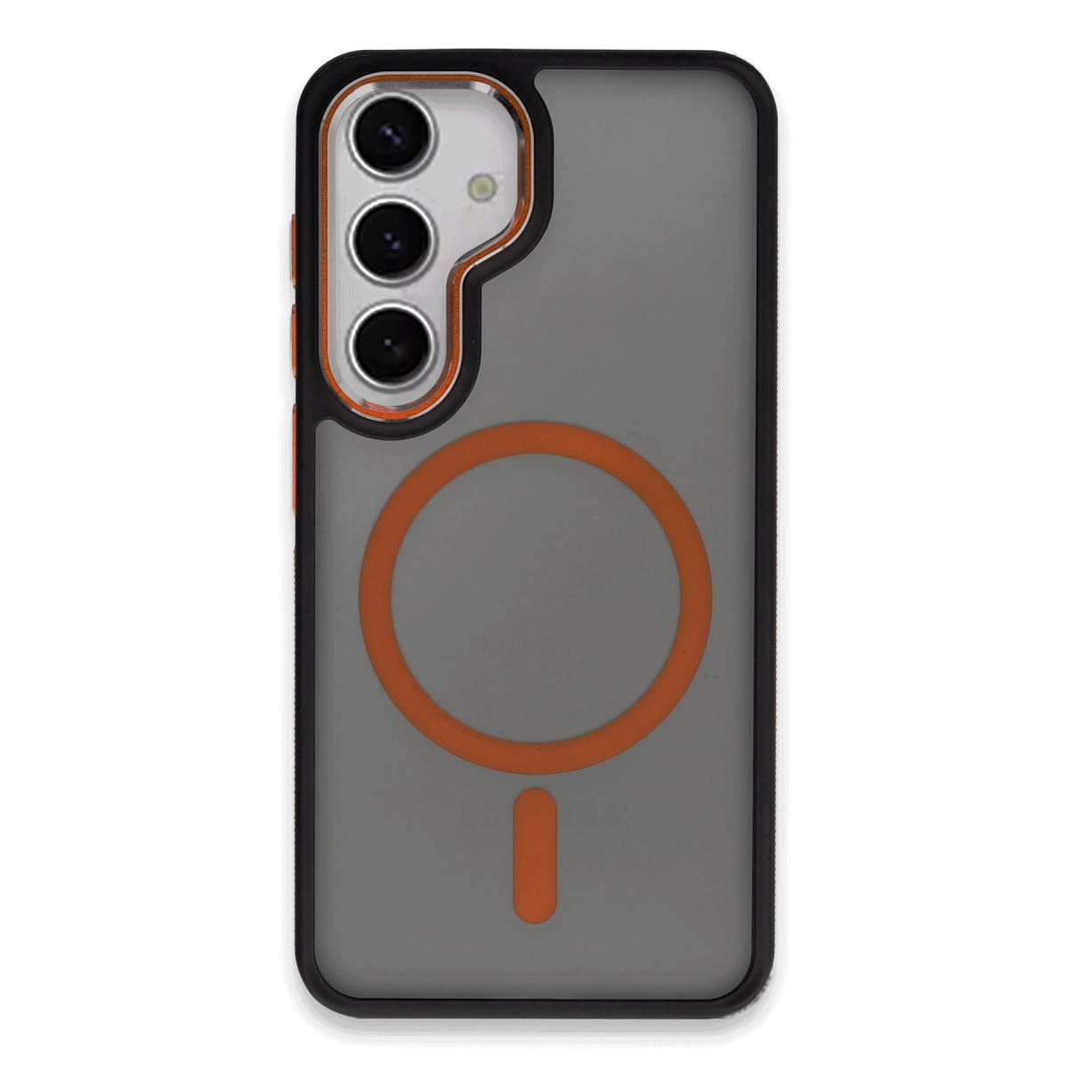 Üç kameralı, turuncu halkalı ve çizgili gri telefon kılıfı.