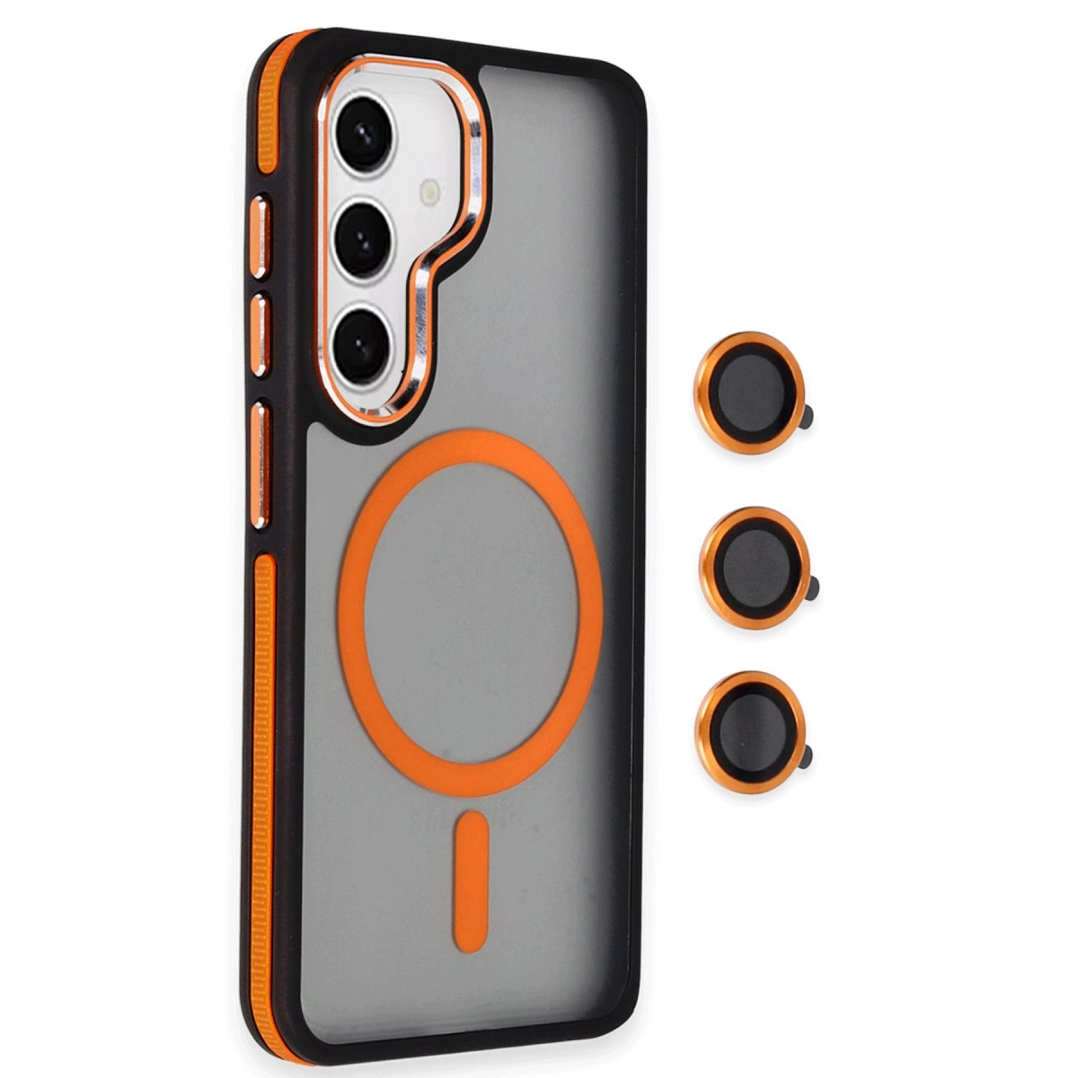 Turuncu vurgulu siyah telefon kılıfı, MagSafe halkası ve lens koruyucuları.