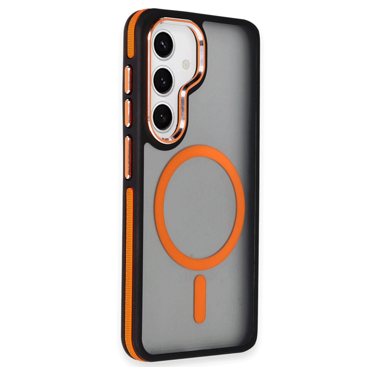 Gri arka plan üzerinde turuncu vurgular ve MagSafe halkalı siyah telefon kılıfı.