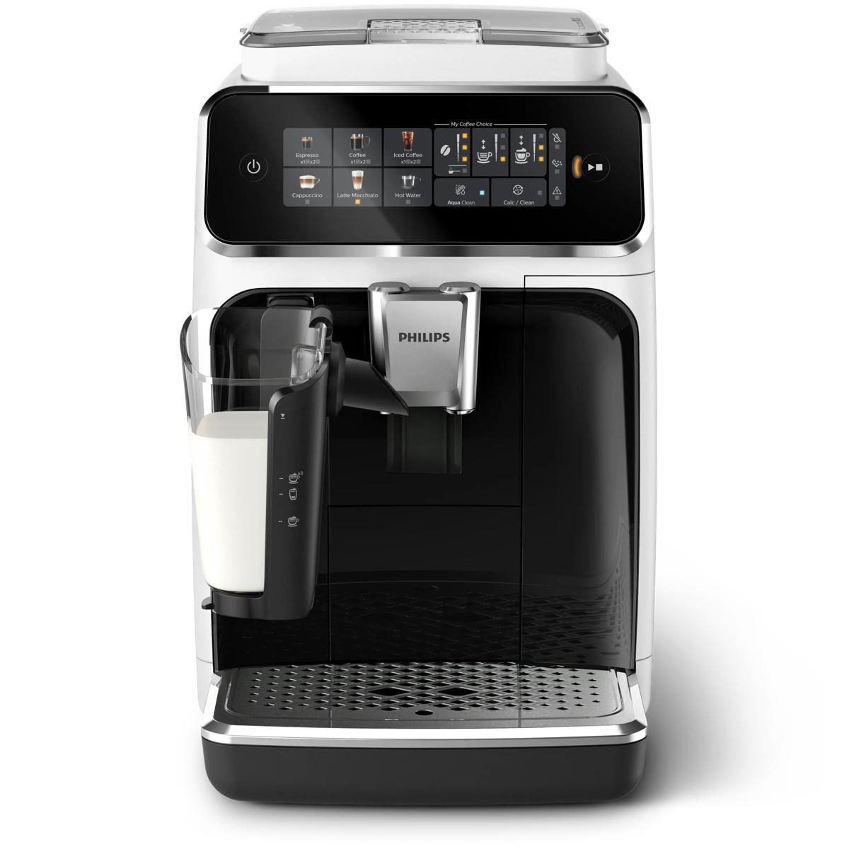 Ein weißer Philips Kaffeevollautomat mit Milchkaraffe und Touchscreen-Menü.