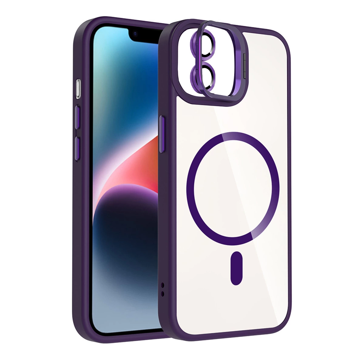 Beyaz arka plan üzerinde mor ve şeffaf telefon kılıfı.