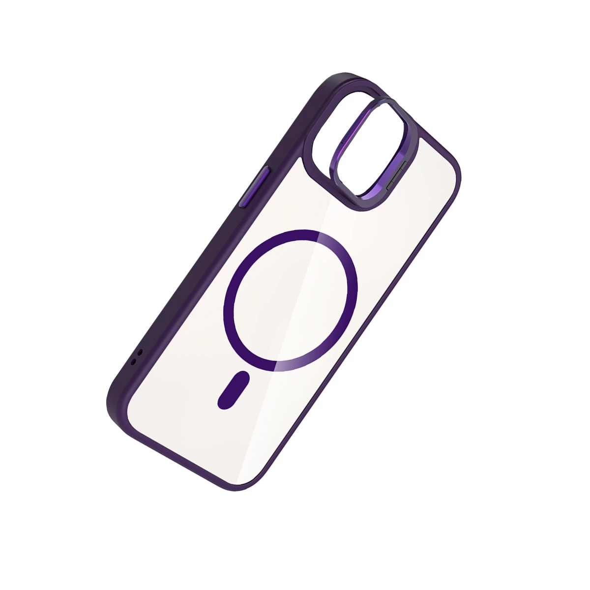 Beyaz arka plan üzerinde MagSafe halkalı mor telefon kılıfı.