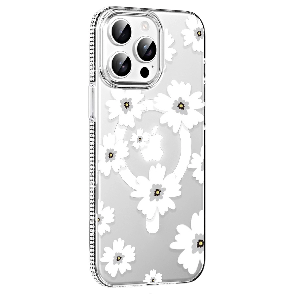 Beyaz çiçekli ve taşlı kenarlıklı şeffaf iPhone kılıfı.