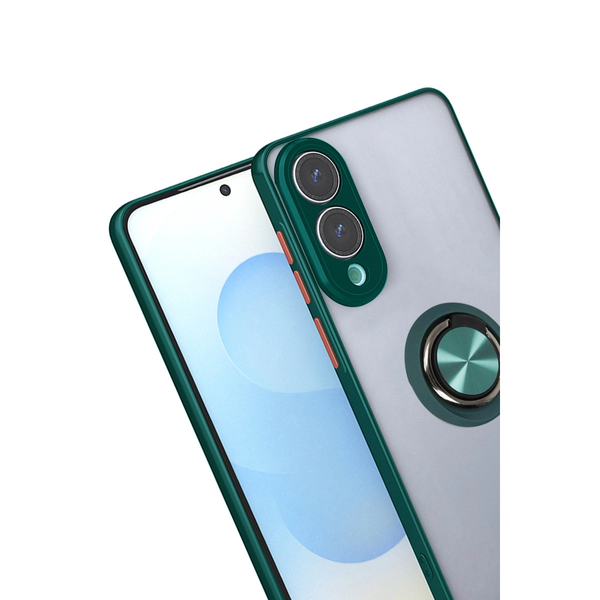Halkalı tutuculu ve çift kameralı koyu yeşil telefon kılıfı.