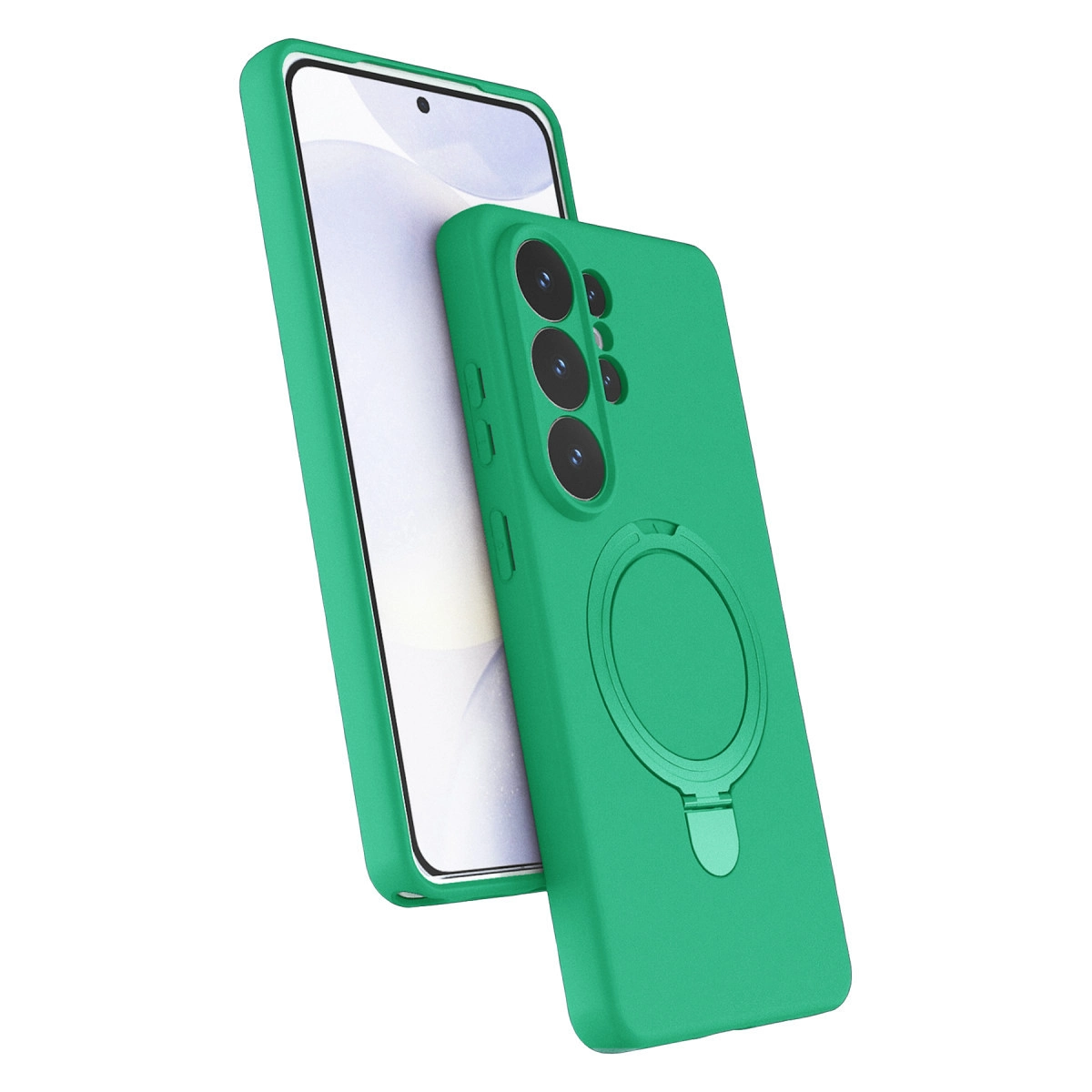 Beyaz arka plan üzerinde halka stantlı ve kamera çıkıntılı yeşil telefon kılıfı.