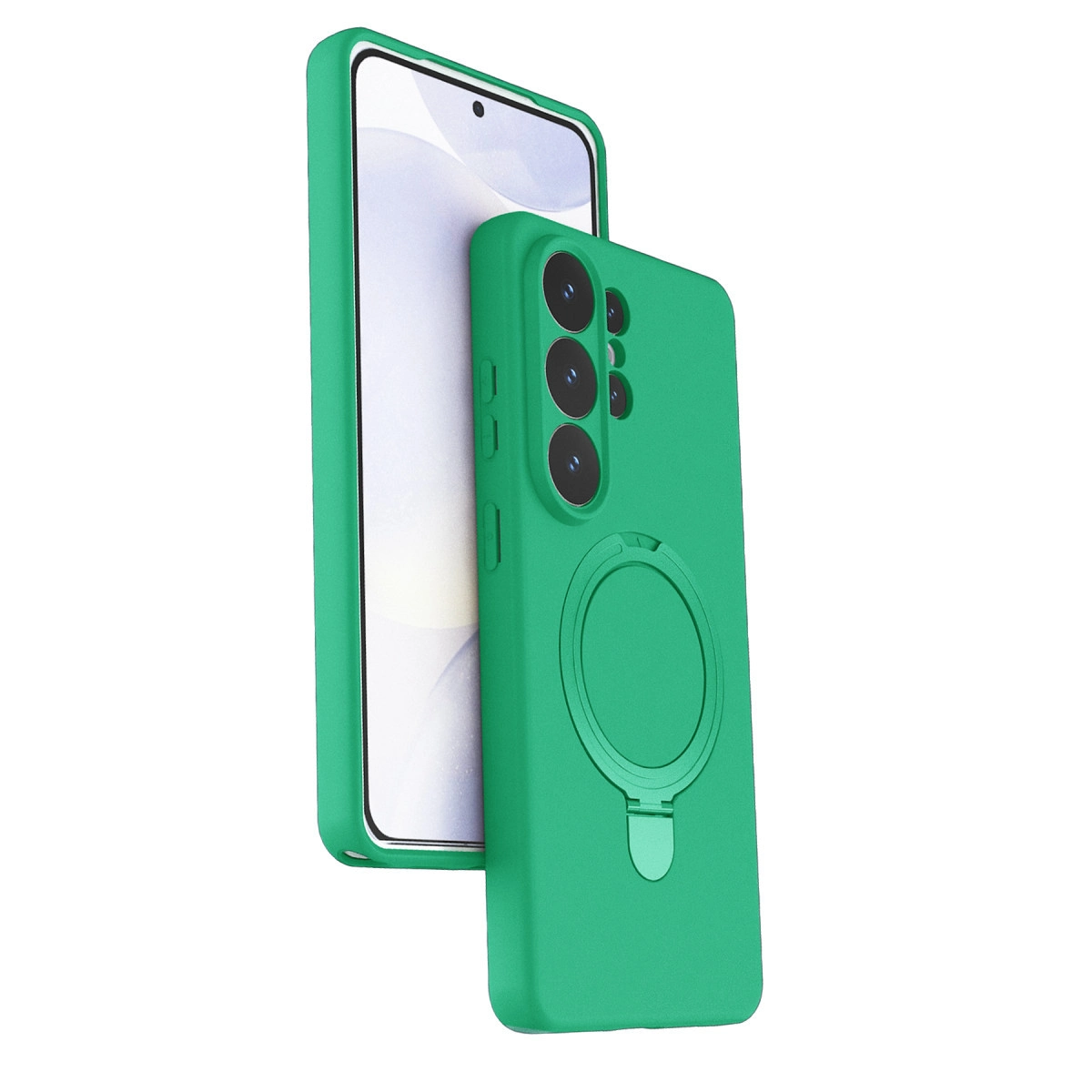 Arkada halka standı olan yeşil telefon kılıfı, akıllı telefonu kısmen kaplıyor.