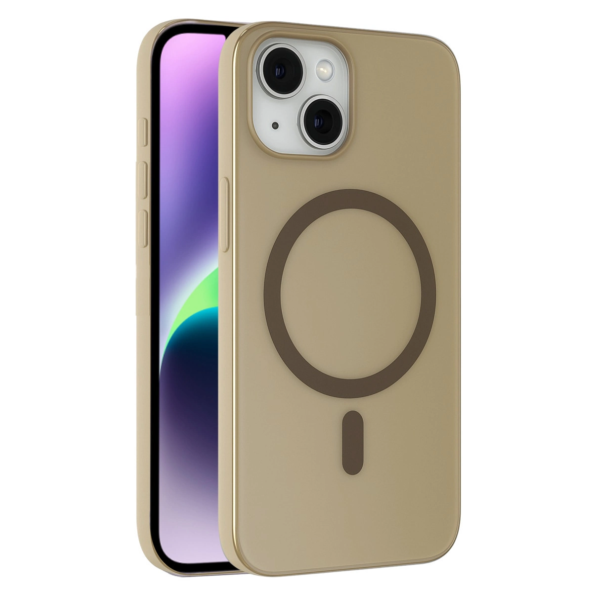 Mıknatıslı halka ve çizgili bej telefon kılıfı bir telefonun üzerinde.